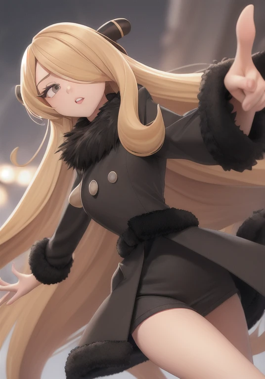 cynthia, 1girl, solo, long hair, breasts, looking at viewer, blonde hair, hair ornament, long sleeves, parted lips, hair over one eye, blurry, coat, grey eyes, fur trim, eyelashes, floating hair, outstretched arm, pointing, fur collar, black coat, fur-trimmed coat
