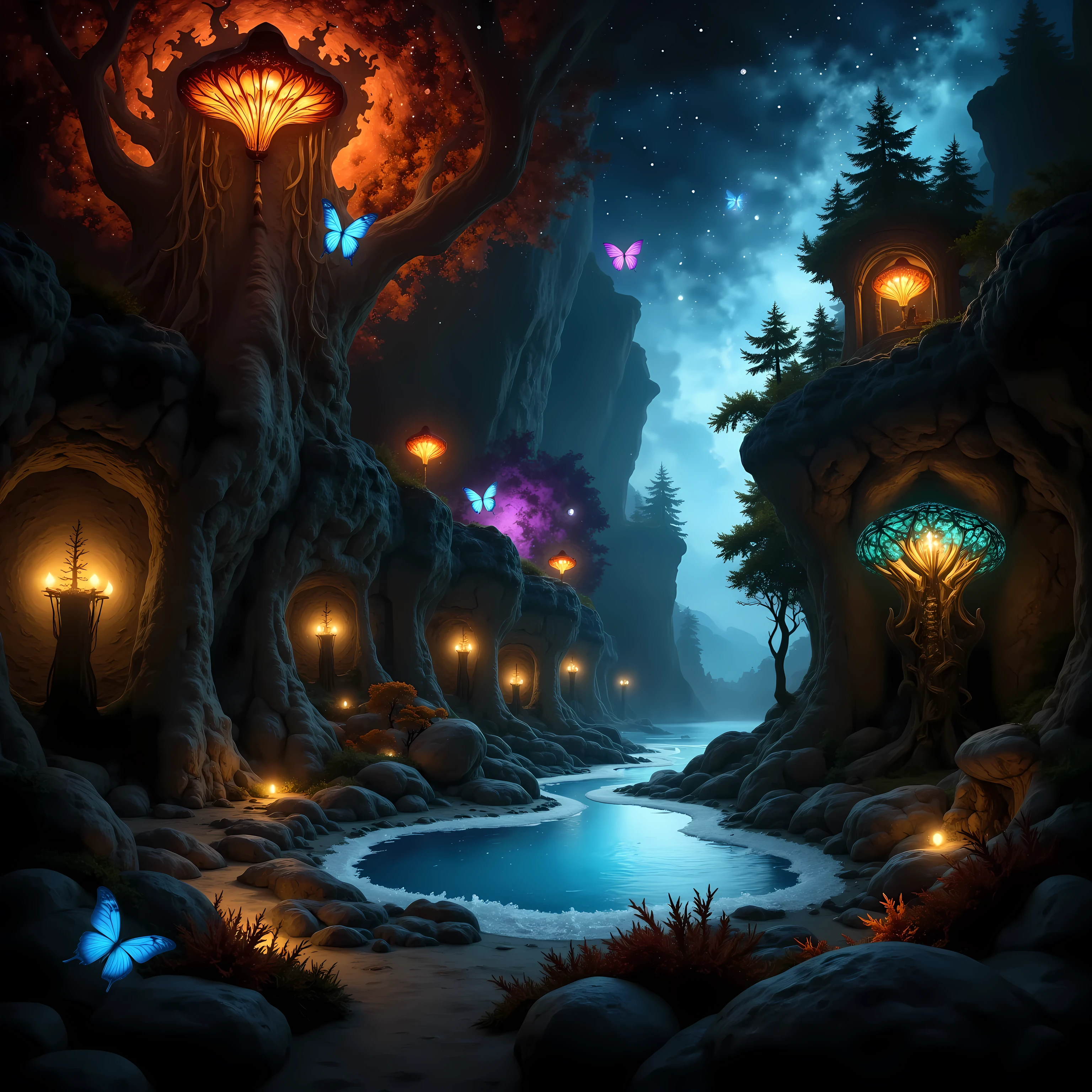 A high-fidelity, ultra-quality fantasy elemental landscape scene reveals a pristine underground forest, teeming with bioluminescent flora. The forest floor is covered in glowing mushrooms, ferns, and twisted roots, casting a soft, ethereal light in shades of blue, green, and purple. Towering trees with phosphorescent vines stretch upwards, their leaves emitting a gentle radiance. Above, there is no open sky. The immense ceiling of a vast cavern, its rough, rocky surface adorned with vibrant mineral formations. The cavern ceiling is alive with clusters of colorful spores, glowing softly in reds, golds, and turquoise hues as they drift slowly through the air, creating a surreal, starry canopy. These spores illuminate the cavern’s jagged rock, casting reflections that shimmer across the underground forest. Swirling among the spores, glowing butterflies in vivid colors—bright blues, purples, pinks, and oranges—flutter gracefully, leaving trails of light. At the heart of this hidden world lies an icy underground pond, its surface partially frozen with intricate patterns of frost. The clear, crystalline water beneath mirrors the glowing flora and shimmering spores, while the ice glows faintly with a cool, blue light. Gentle streams flow into the pond, blending the liquid and frozen surfaces. The air is filled with a light mist, catching the glow of the forest, butterflies, and cavern ceiling, enhancing the dreamlike atmosphere. Elemental energies pulse through the soil, making the ground hum with a quiet, magical rhythm, creating a scene of pure, untouched beauty and wonder.