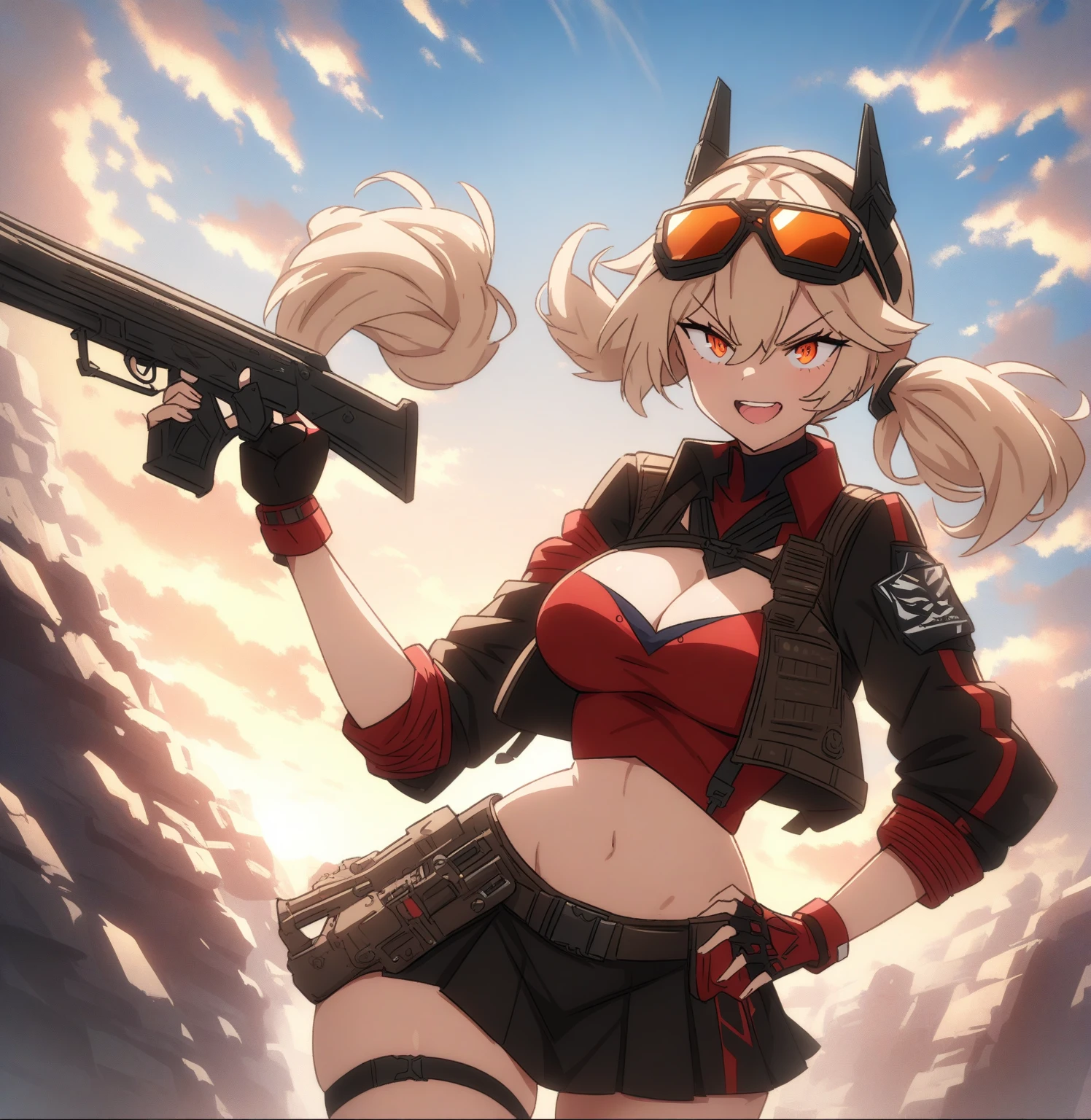 (anime art style:1.0), 2d, masterpiece, best quality, very aesthetic, absurdres, dynamic shadows, atmosferic anime girl with guns and a skull on her chest, maple story gun girl, ryuko matoi, m4 sopmod ii girls frontline, from girls frontline, badass anime 8 k, badass pose, cushart kenz, extremely detailed artgerm, cushart krenz key art feminine, score_9_up, score_8_up, score_7_up, source_anime, masterpiece, best quality, 1 girl, solo, Burnice_ZZZ, sun light, sun rise, clouds, blue sky, standing, cheerful smile, open mouth, looking at you, upper body, (curvy body), face focus, hand on hip, light greenish ash blonde hair, two side up, orange eyes, eyewear on head, sunglasses, goggles, short twintails, hair ornament, crop top, tube top, black jacket, black thighhighs, cropped jacket, red shirt, cleavage cutout, long sleeves, belt, black skirt, red wrist cuffs, red thigh strap, fingerless gloves, miniskirt, midriff, turtleneck, mature body, dynamic cowboy shot, outdoors, sky clouds background, (looking at viewer:1.0)