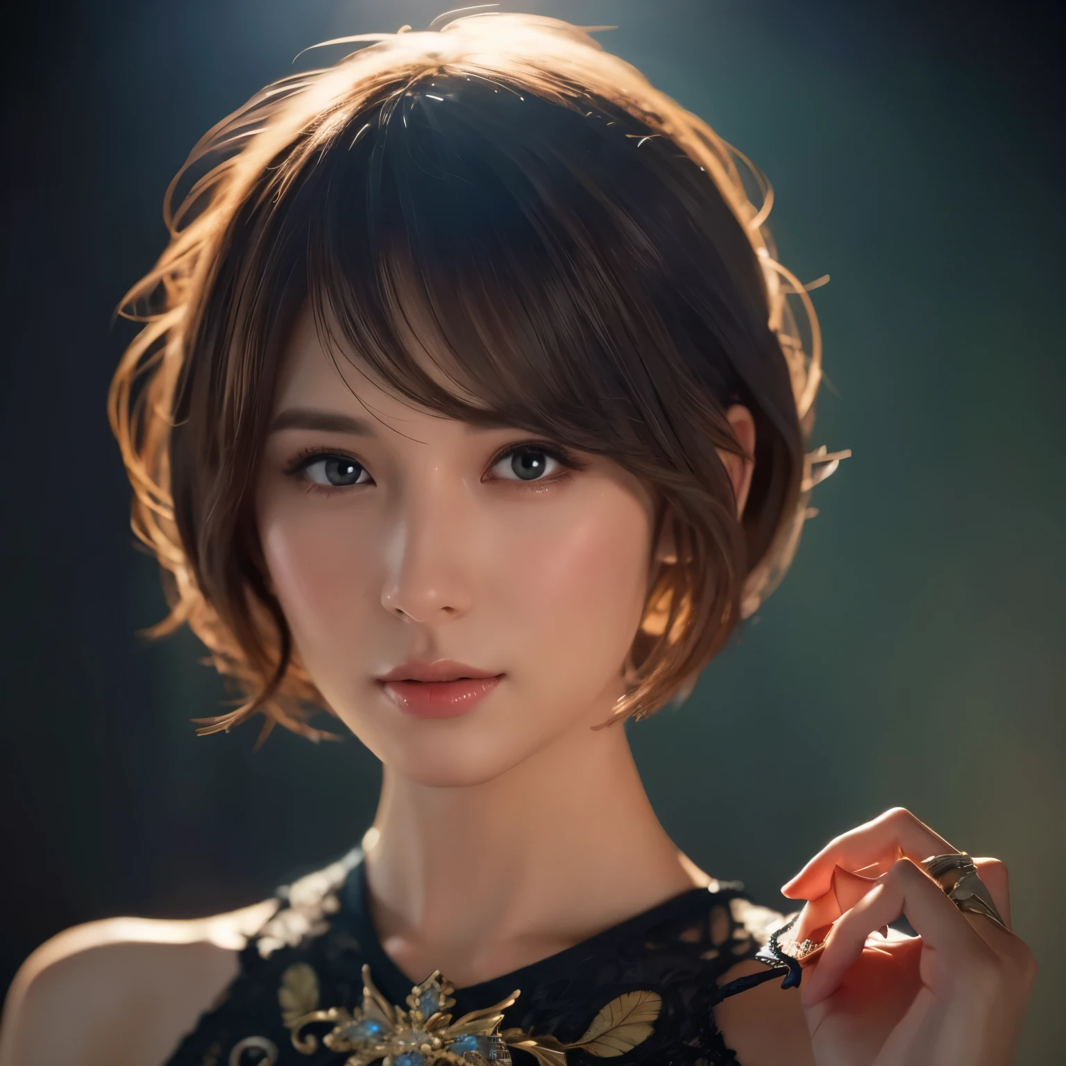  best quality , realistic,  photorealistic, Award-winning illustration , (  Complex Details : 1.2), (Exquisite details), (  Complex Details ), (movie lighting,  Super Super Sexy Short Hair