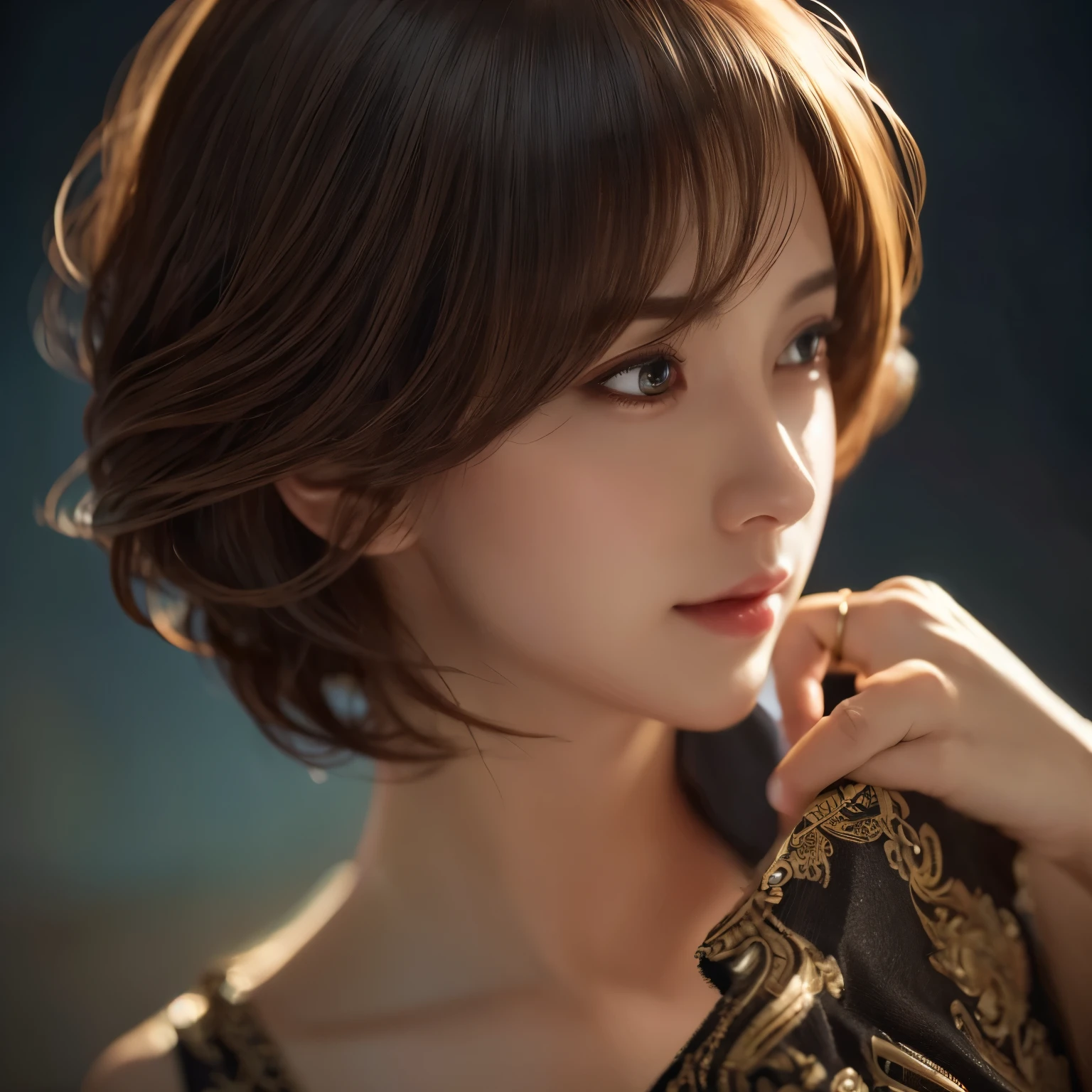  best quality , realistic,  photorealistic, Award-winning illustration , (  Complex Details : 1.2), (Exquisite details), (  Complex Details ), (movie lighting,  Super Super Sexy Short Hair