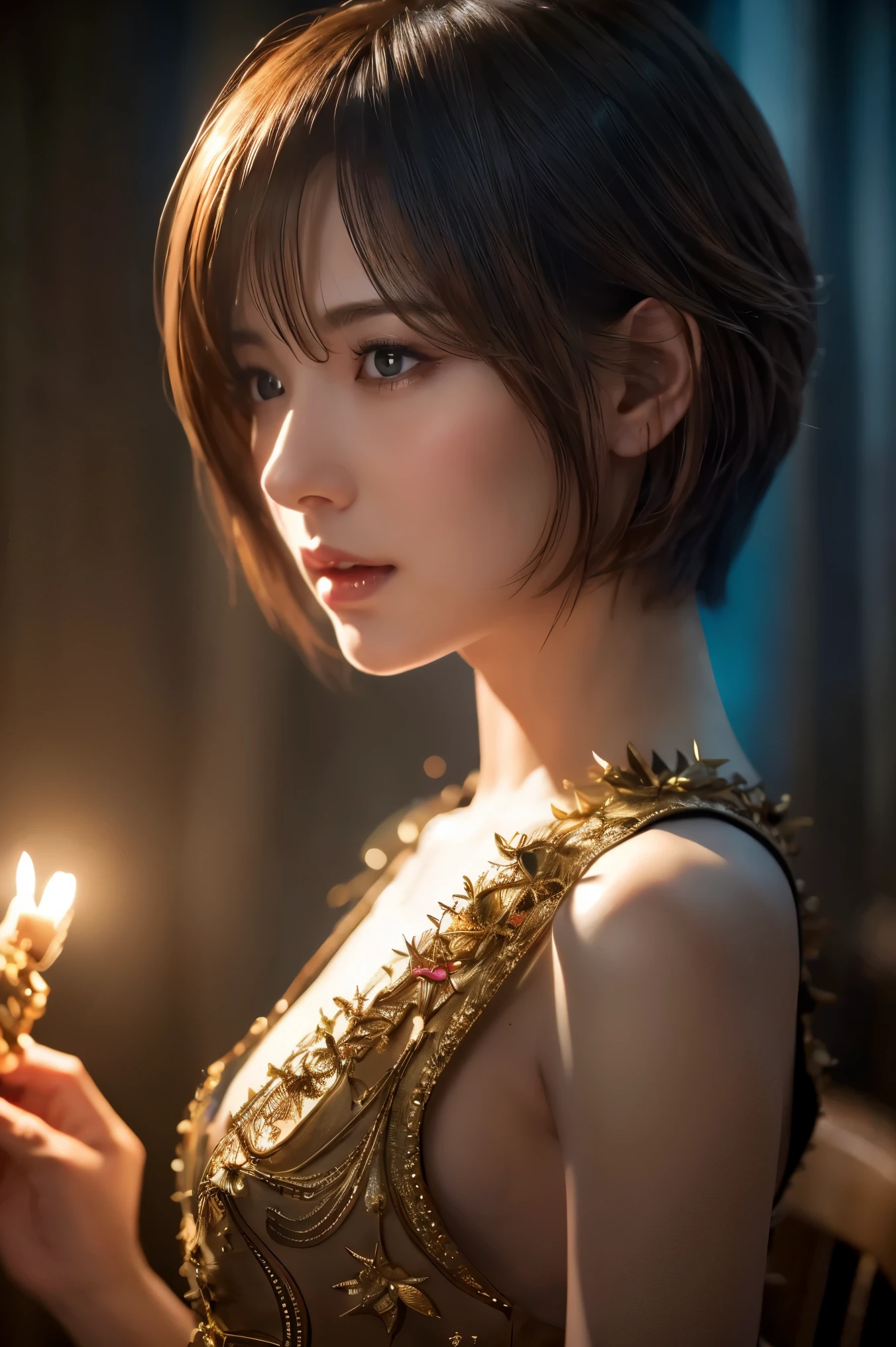  best quality , realistic,  photorealistic, Award-winning illustration , (  Complex Details : 1.2), (Exquisite details), (  Complex Details ), (movie lighting,  Super Super Sexy Short Hair