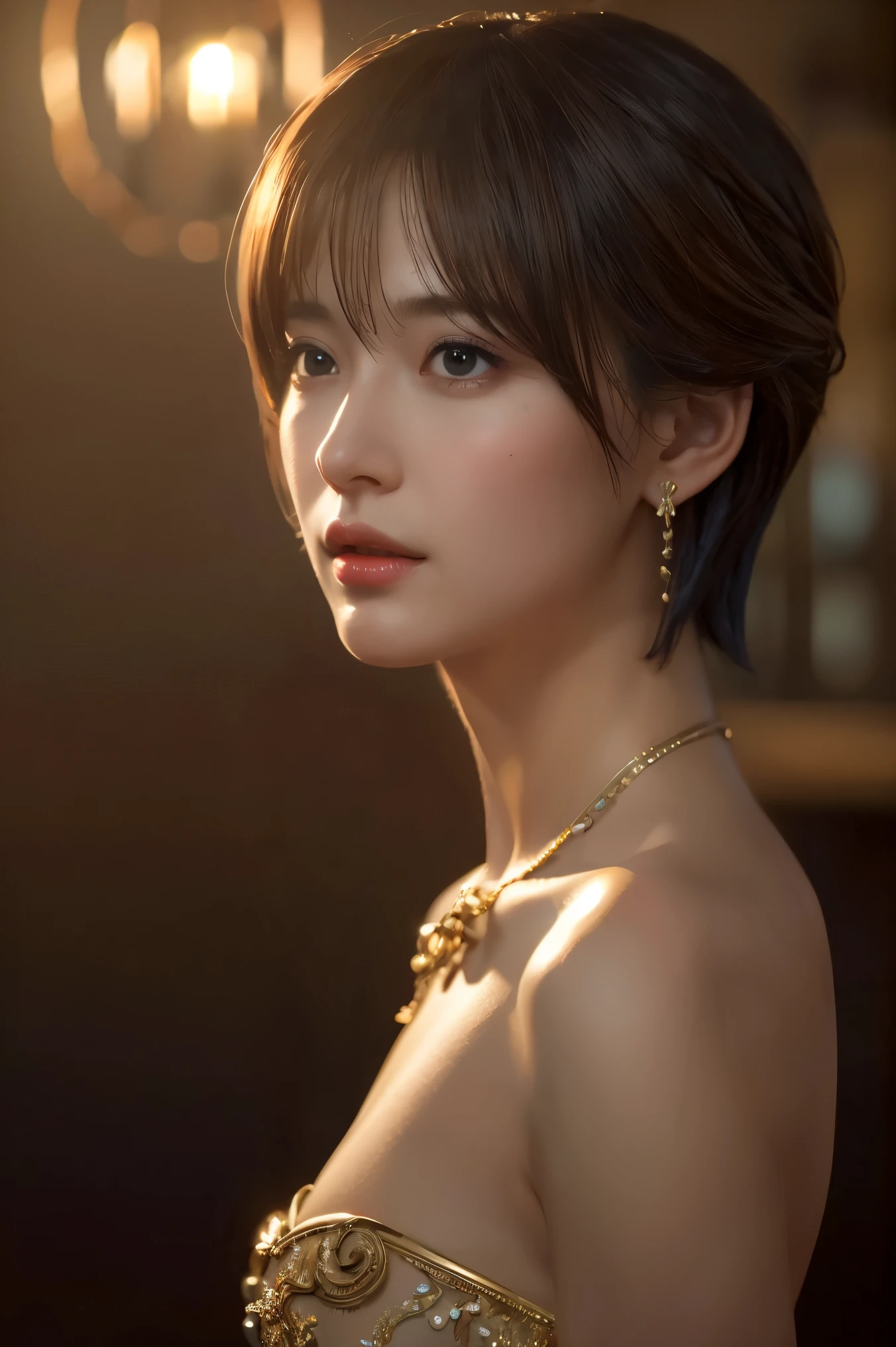  best quality , realistic,  photorealistic, Award-winning illustration , (  Complex Details : 1.2), (Exquisite details), (  Complex Details ), (movie lighting,  Super Super Sexy Short Hair