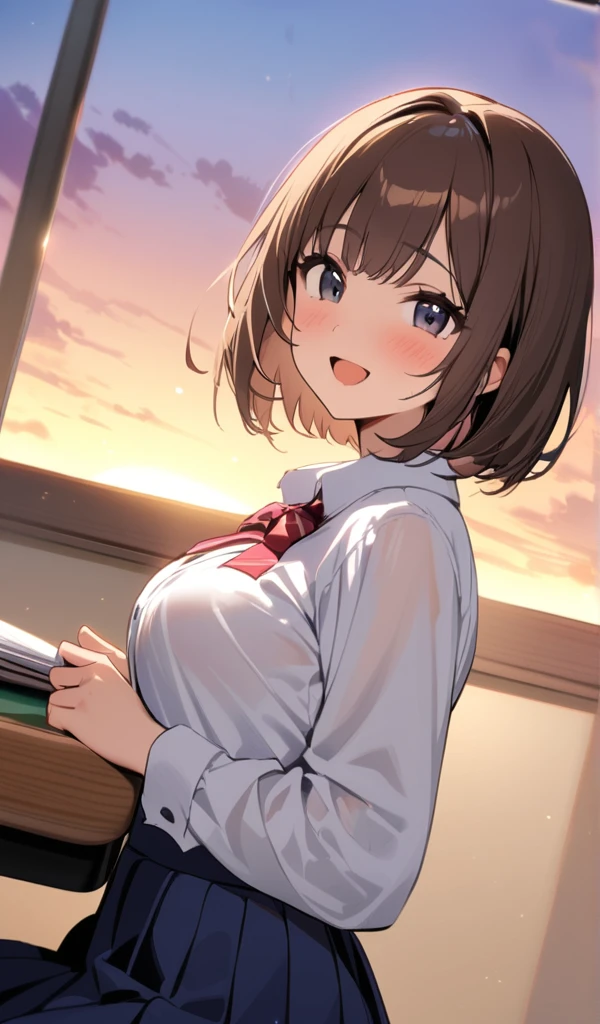 One Girl, Brown hair bob cut, smile,  Open your mouth  ,  black eyes ,


High school girl,White blouse, Navy Blue Skirt,White blouseを手で持ち上げてブラジャーを見せてください,


(masterpiece),  best quality,   High Resolution  ,   very detailed,   perfect lighting, 

 Black lace bra,

Evening Classroom,sunset,