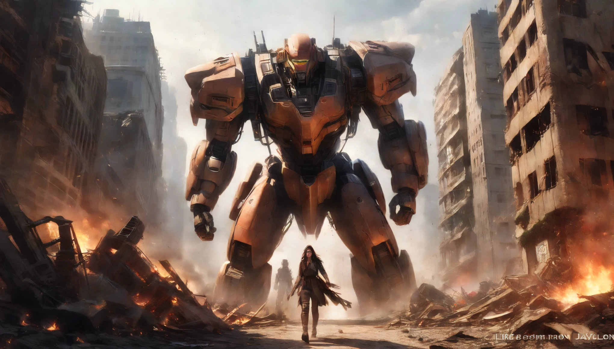 realistic, Giant robot, Like Dayleon from the series : Jaspion,  walking around the destroyed city