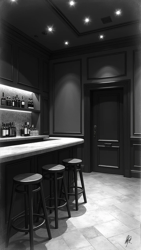 Create a charcoal rough sketch of the interior of a sophisticated, noir-style bar, viewed from the back looking towards the countertop. The countertop should be the main focus, featuring detailed textures and elegant design elements. Position a prominent heavy door subtly in the line of sight, near the corner of the image, symbolizing privacy by blocking all external light. Utilize chiaroscuro techniques with dimmed, ambient lighting casting deep shadows to create a somber and intimate mood. Depict an empty scene to emphasize solitude and contemplation. Use a limited, monochromatic palette typical of charcoal drawings, with visible, expressive strokes and dynamic shading. Ensure the composition is vertical with a 9:16 aspect ratio, highlighting the countertop while keeping the heavy door as a secondary element. Capture a moody and contemplative atmosphere reminiscent of classic master artworks.