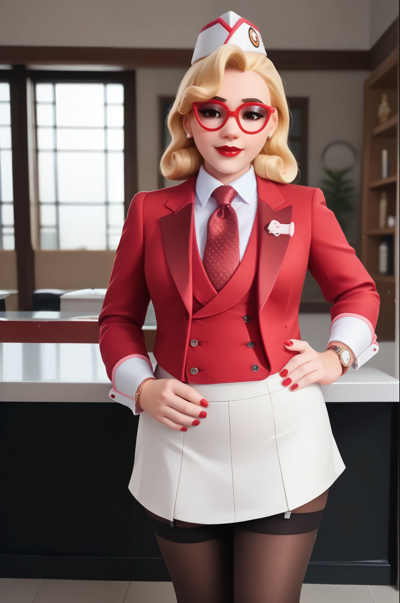 score_9, score_8_up, score_7_up, 1girl, sprinkles mei, mei (overwatch),  three-piece suit, 1girl, solo, blonde hair, glasses, sprinkles mei, smile, pretty, formal, jewelry, white skirt suit, red silk necktie, earrings, jacket, shirt, standing, hand on hip, window, watch, jacket, wristwatch, white shirt, red lips, red satin skirt, (((bodycon pencil skirt))), makeup, black stockings, garter straps, cufflinks, red nails, fully clothed, red lipstick,   in a 50´s restaurant, long sleeves