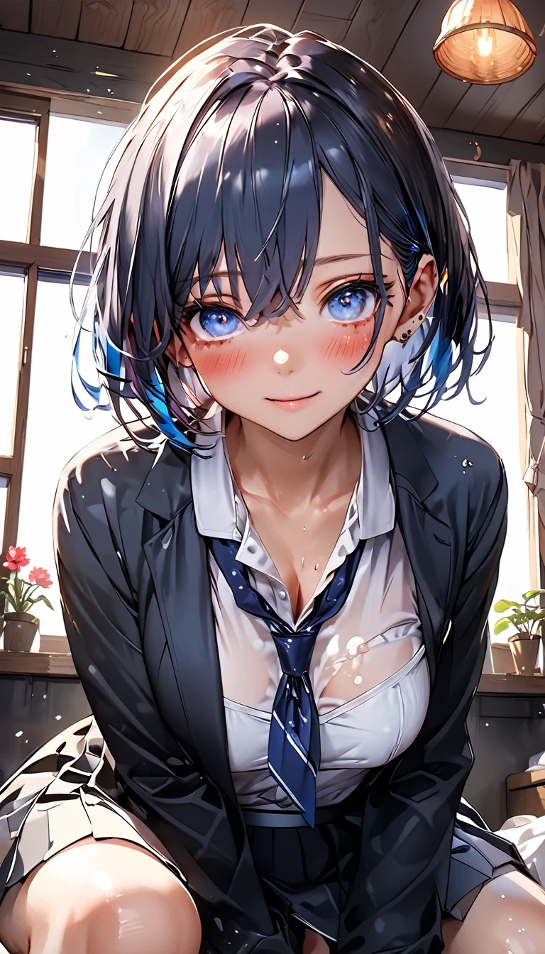 One Gal、((((blush))))、((Climax))、((multicolor hair:1.2))、 black and blue hair、 medium hair、Detailed eyes、Captivating thighs、clavicle、The shirt that fell apart、Black Bra、 black jacket 、tie、skirt、skirtをたくし上げる、indoor、bet、Rising Sun through the Window 、((Sit on a man's crotch:1.4))、Spread your legs、Knees up、((sweat))、nsfw、(((detail pussy:1.3))),(((Sex:1.3)))、(((cowgirl position:1.4))),((((penis:1.4))))、(((:1.4)))、faceless 1 man:1.2、(shoot from below:1.2)、((((A large amount of semen drips all over the body:1.4))))、(Best Quality:1.4), (masterpiece:1.4), ultra detailed, (((( High Resolution :1.4)))), 4K, 8k, Unity 8k 、((ultra-detailed face:1.4))、(Hires .fix:1.4)、(masterpiece,Best Quality, High Resolution :1.4)