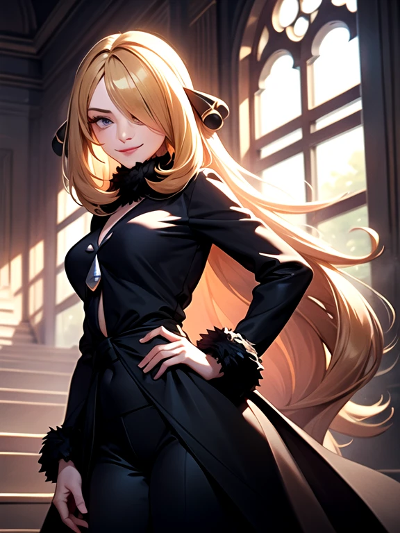 masterpiece, best quality, highly detailed, 1girl, solo, cynthia_pokemon, one eye covered, hair over one eye, blonde hair, grey eyes, pink lips, hair ornament, fur collar, fur-trimmed coat, arrogant smile, long hair, black pants, black shirt, standing, arched back, head tilt, hand on hips,
