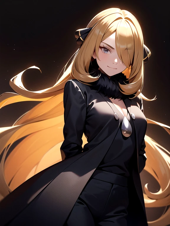 masterpiece, best quality, highly detailed, 1girl, solo, cynthia_pokemon, one eye covered, hair over one eye, blonde hair, grey eyes, hair ornament, fur collar, fur-trimmed coat, arrogant smile, long hair, black pants, black shirt, standing, arched back, head tilt, hand on hips,
