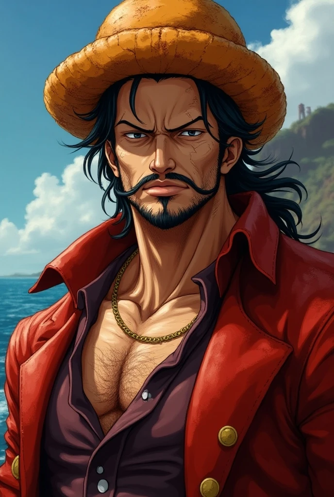 Estilo: one piece genre: masculino
Chico delgado de cabello nergo azabache, combed back but with a rebellious touch. Tez media, not so pale but not dark either. Ojos ligeramente rasgados, mirada un poco penetrante. Ojo izquierdo color azul intenso, ojo derecho color rojo intenso. en la parte de la mejilla derecha, un poquito mas abajo tiene una cicatriz en cursiva pero no le quita lo atractivo.
Camisa negra sin mangas de cuello largo, semi pegada al cuerpo.