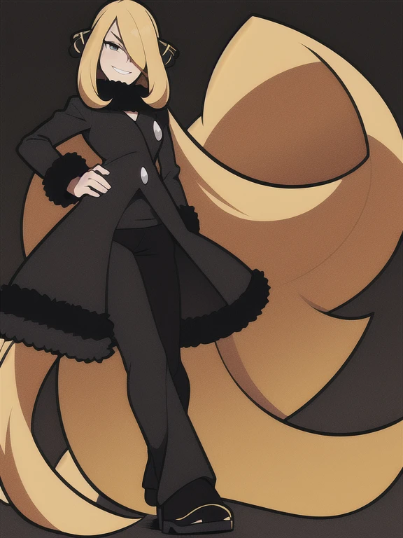 masterpiece, best quality, highly detailed, 1girl, solo, cynthia_pokemon, one eye covered, hair over one eye, blonde hair, grey eyes, hair ornament, fur collar, fur-trimmed coat, arrogant smile, long hair, black pants, black shirt, standing, arched back, head tilt, hand on hips,
