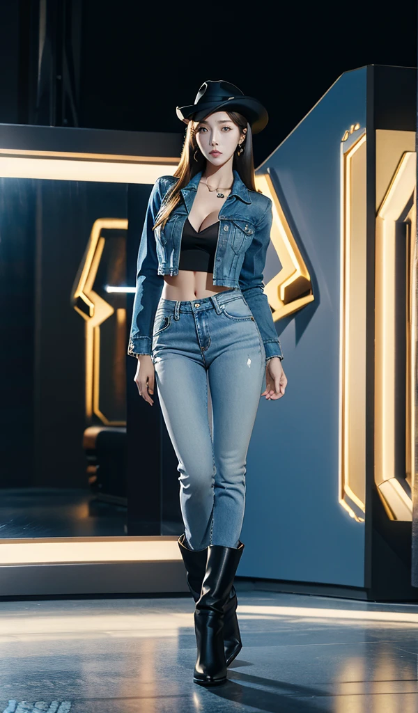 Accurate、Full Body Photo、Studio background、Standing in a Full Height from Head to Toe、Jessica Jung、Sky blue jean jacket、Big boobs、Big butt、Sky Blue Skinny Tight Jeans、High black boots、Black fedora hat、Abs are cracked、Proportional body