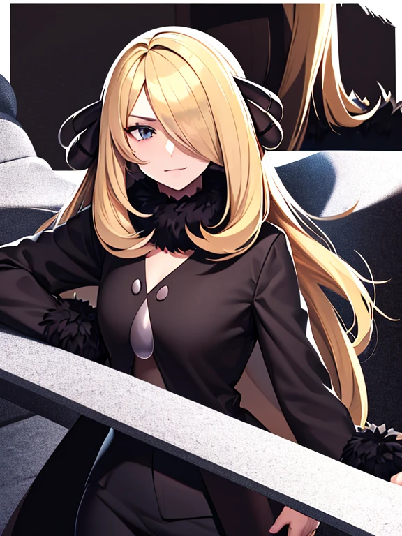 masterpiece, best quality, highly detailed, 1girl, solo, cynthia_pokemon, one eye covered, hair over one eye, blonde hair, grey eyes, hair ornament, fur collar, fur-trimmed coat, arrogant smile, long hair, black pants, black shirt, standing, arched back, head tilt, hand on hips,
