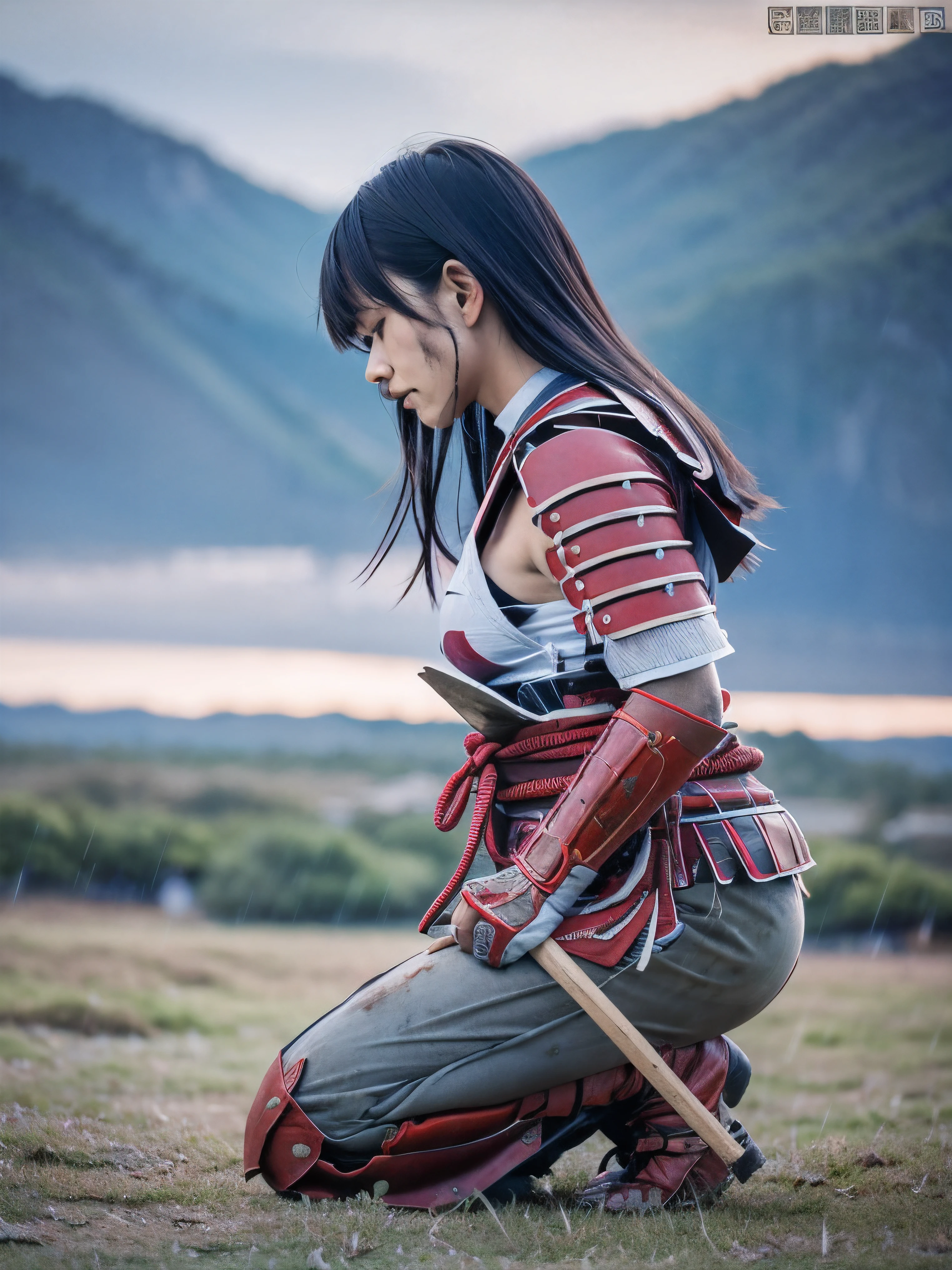 (Close up profile shot of one slender small breasts two side up medium black hair with bangs girl in a black colored dirty bloody armor warrior as samurai in Japan at raining:1.5)、(One girl is kneeling and pray to the raining sky on the grassland in old Japan with crying dirty bloody face:1.5)、(Heavy raining dark sky:1.5)、(blurred background:1.5)、(Natural light:1.5)、(8k ultra detailed master piece:1.5)、(perfect anatomy:1.5)、(Photorealistic stick:1.5)、(Raw photo:1.3)、(highest quality:1.5)、(High resolution:1.3)、(Delicate and beautiful perfect face:1.3)、(Delicate and beautiful eye air skin:1.3)、(Real Human Skin:1.3)、((thin legs))