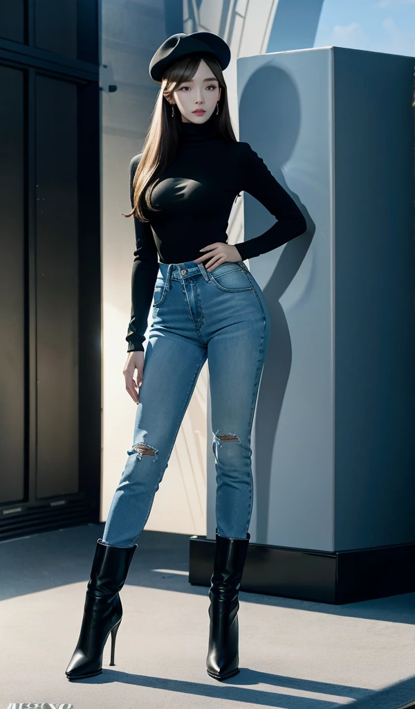 Accurate、Full Body Photo、Studio background、Standing in a Full Height from Head to Toe、Jessica Jung、Sky blue jean jacket、Black Turtleneck、Big boobs、Big butt、Sky Blue Skinny Tight Jeans、High black boots、Black fedora hat、Abs are cracked、Proportional body