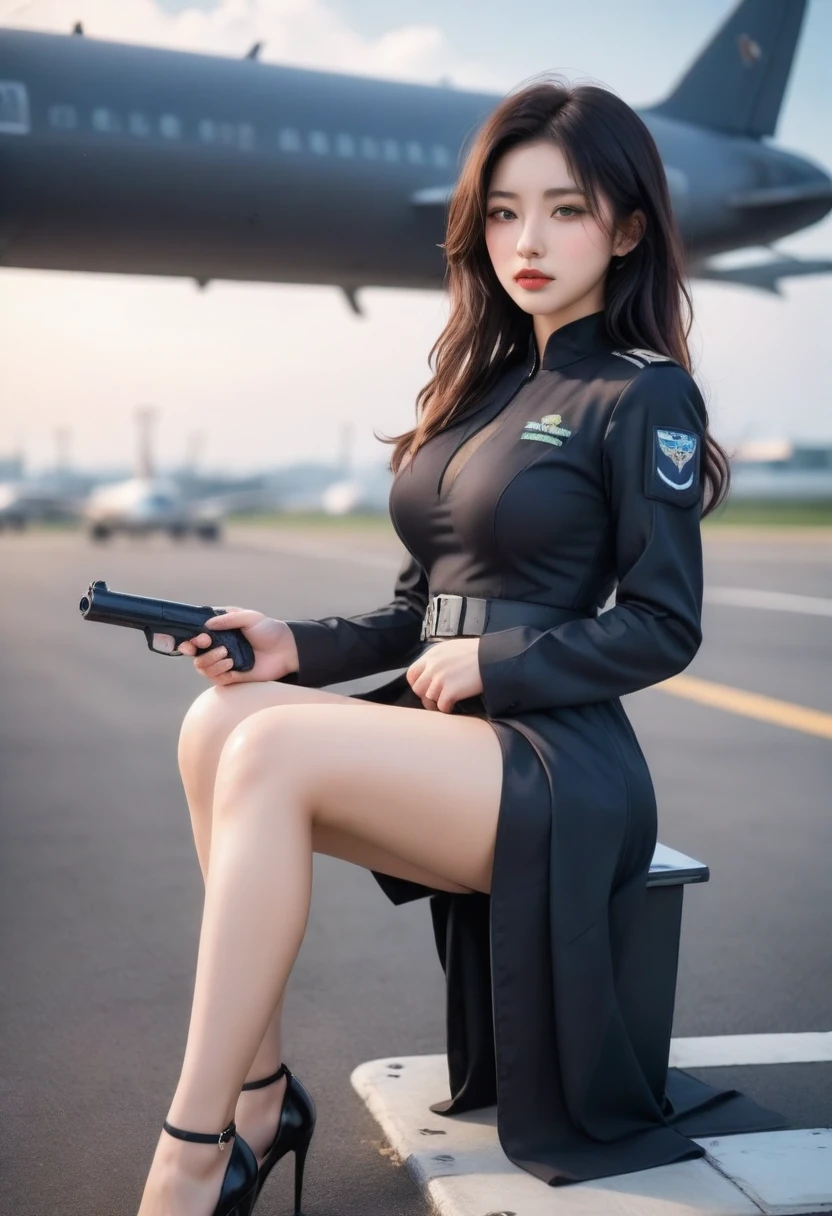 ( highest image quality sitting at the back , Wonderful details,   ultra high resolution ), (Realism: 1.4),  A beautiful girl,  has a beautiful, beautiful face , (( Bold footage 、vivid shots)),  Beautiful, slim, tall girl, ( Black racing suit 、I like, Lots of equipment 、  Wearing a military belt  ,  Having a submachine gun ), ((  With an airport terminal in the background ,wait、 Special forces helmet 、Fighting Stance、alarm、patrol、 The back is also cool ))