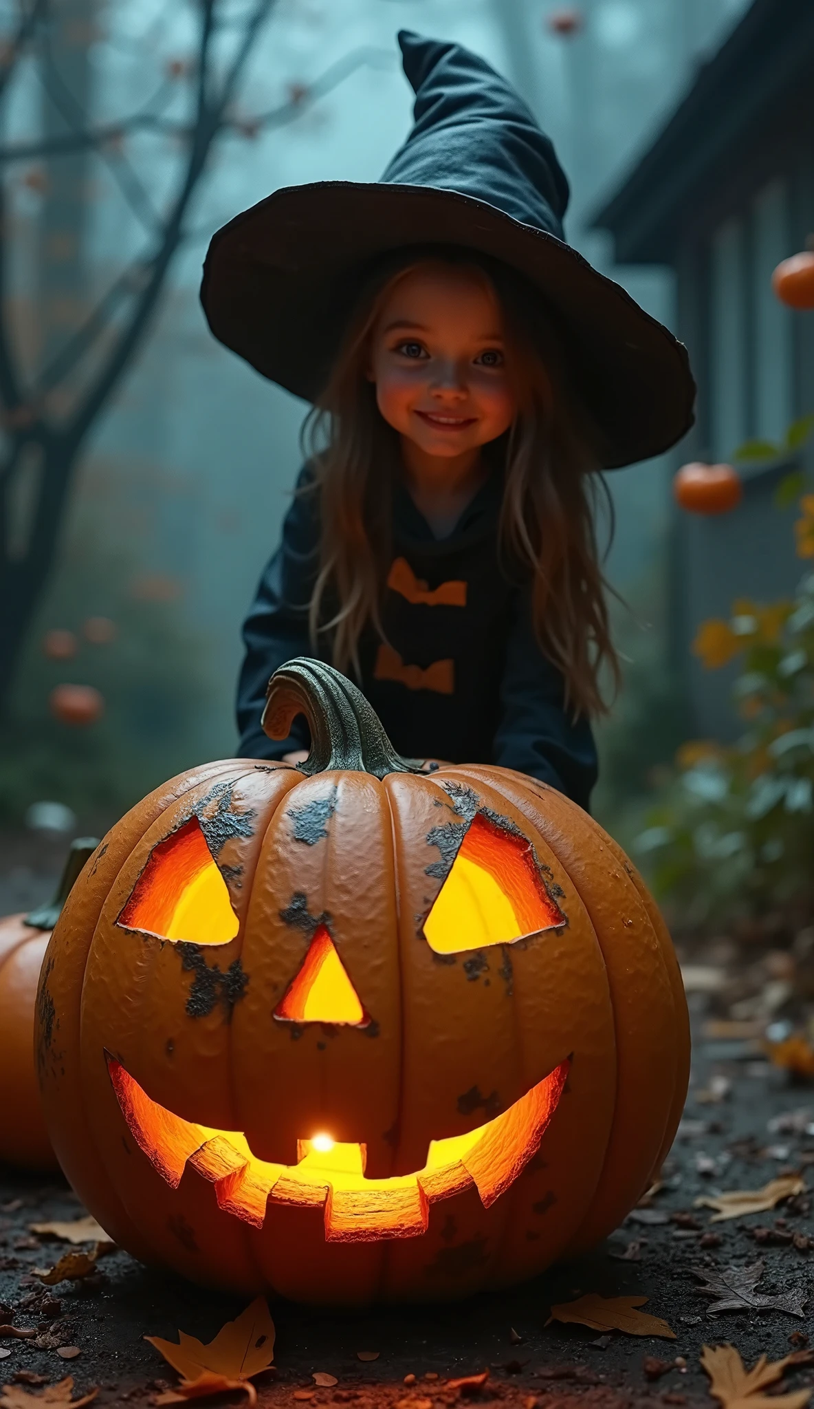 ( best quality、masterpiece、 High Resolution )、(((Ultra-realism、Realistic photos、RAW Photos)))、Dirty Pumpkin Jack-O-Lantern、jack o' lantern and girl、Witch Cosplay、smile:0.2、 trick or treat、