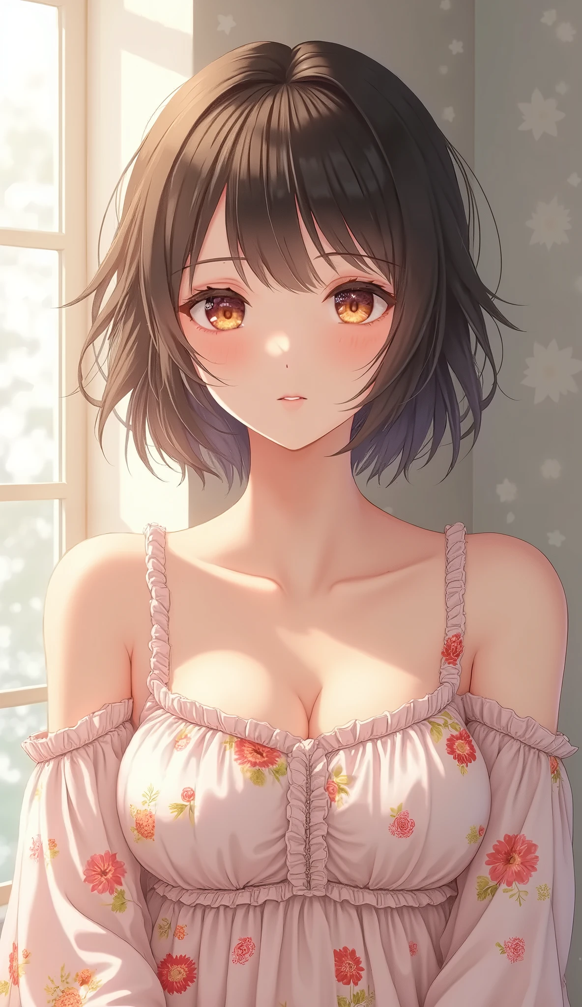 RAW photo, best quality, masterpiece, photorealistic, Polish girl, 20 years old, black hair, Light grey eyes, short bob cut, hair in 7 thirds, hair over one ear, Symmetrical eyes, solo, Detailed Skin, Detailed face, Detailed hands, Big Breasts, rip gloss