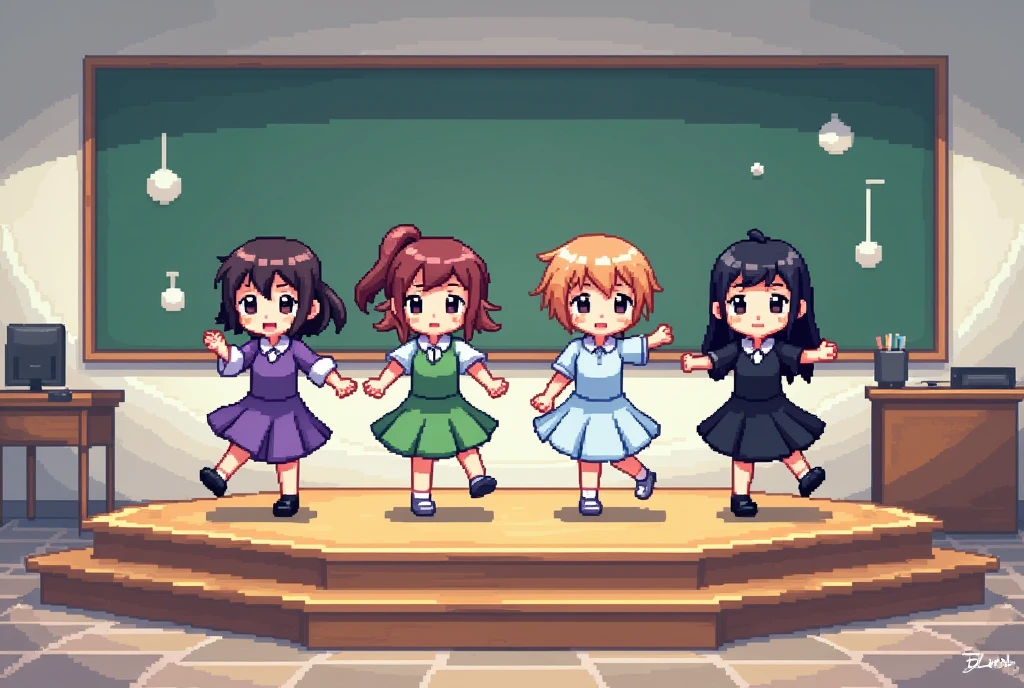 Pixel art, low-bit, 8-bit, mosaic, chibi characters like those in anime, 4 girls on a podium in a classroom, one in purple, one in green, one in light blue, one in black, dancing side by side