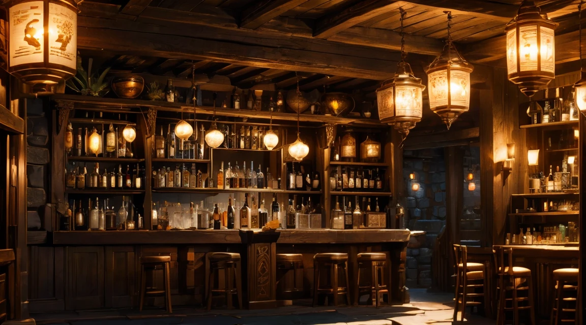 A grand fantasy tavern with wooden beams and stone walls, dimly lit by glowing lanterns hanging from the ceiling. The bar is made of dark, polished oak, lined with mismatched stools. Patrons of various fantasy races—elves, dwarves, and orcs—gather around, sharing drinks from large mugs. Magic runes glow faintly on the walls, and a bard plays a lute in the corner. Shelves behind the bar are stocked with bottles of glowing potions and exotic drinks. The bartender, a broad-shouldered dwarf with a thick beard, serves drinks while sparks of magic float lazily in the air.