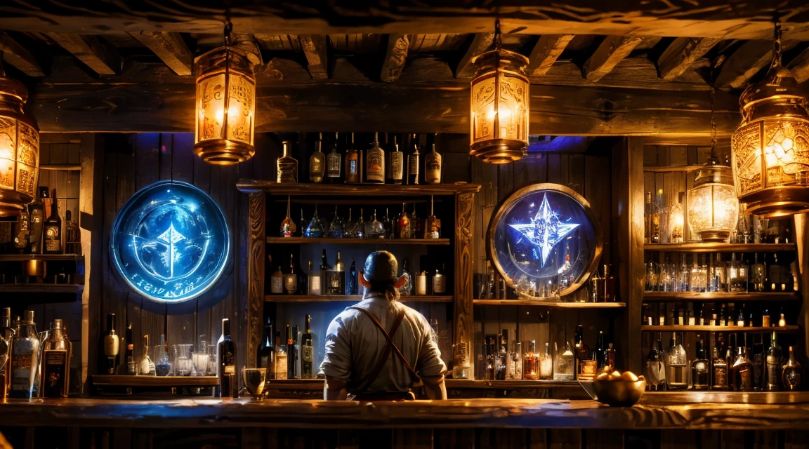 A grand fantasy tavern with wooden beams and stone walls, dimly lit by glowing lanterns hanging from the ceiling. The bar is made of dark, polished oak, lined with mismatched stools. Patrons of various fantasy races—elves, dwarves, and orcs—gather around, sharing drinks from large mugs. Magic runes glow faintly on the walls, and a bard plays a lute in the corner. Shelves behind the bar are stocked with bottles of glowing potions and exotic drinks. The bartender, a broad-shouldered dwarf with a thick beard, serves drinks while sparks of magic float lazily in the air.