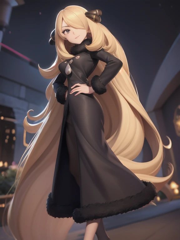 cynthia, 1girl, solo, long hair, breasts, looking at viewer, blonde hair, hair ornament, long sleeves, parted lips, hair over one eye, blurry, coat, grey eyes, fur trim, eyelashes, floating hair, arrogant smile, charming appeal, fur collar, black coat, fur-trimmed coat, standing, arched back, head tilt, hand on hips,
