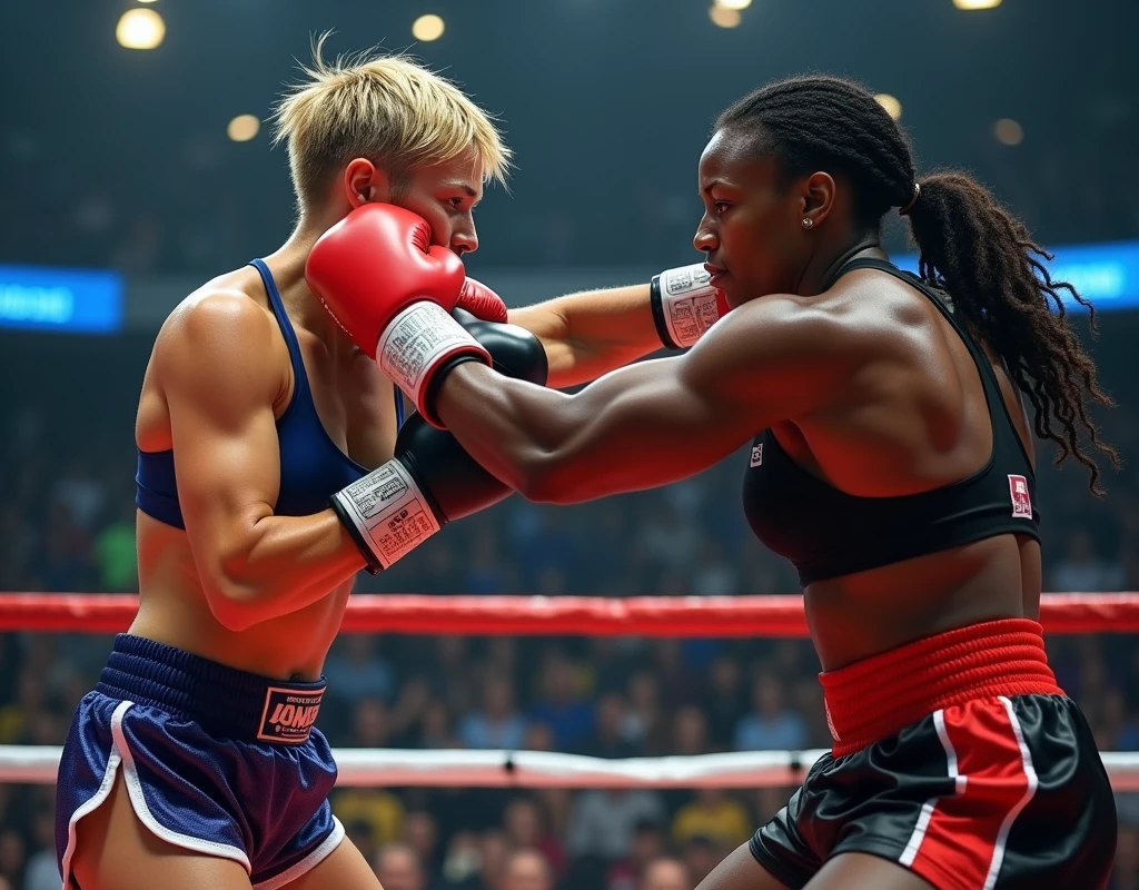 ((Masterpiece, Of the highest quality, Maximum image quality, high resolution, photorealistic, photo and gross, 8k)), seductive and feminine elves Muay Thai fight Seductive and feminine elf athletes fighting each other under the lights., wet bodies, athlete profiles looking through,  whole body, kick to the face.