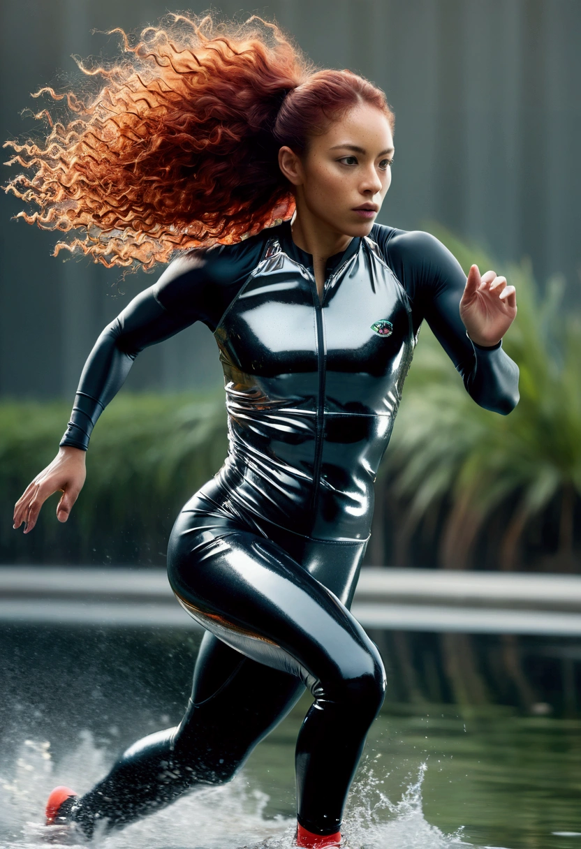 photorealistic double exposure of 1jaguar{(black_metal)(running stance)(shiny)(reflective metal texture)(sleek and polished)}{break}, 1girl{(sprinter athlete in motion),(blurred edges)(slow shutter speed motion photography)} shot on FujiFilm XT4 camera f/2. ISO 200, curly red hair, dramatic light, intricate detailed, a water element transition movement of color background(face detailed:1.5)