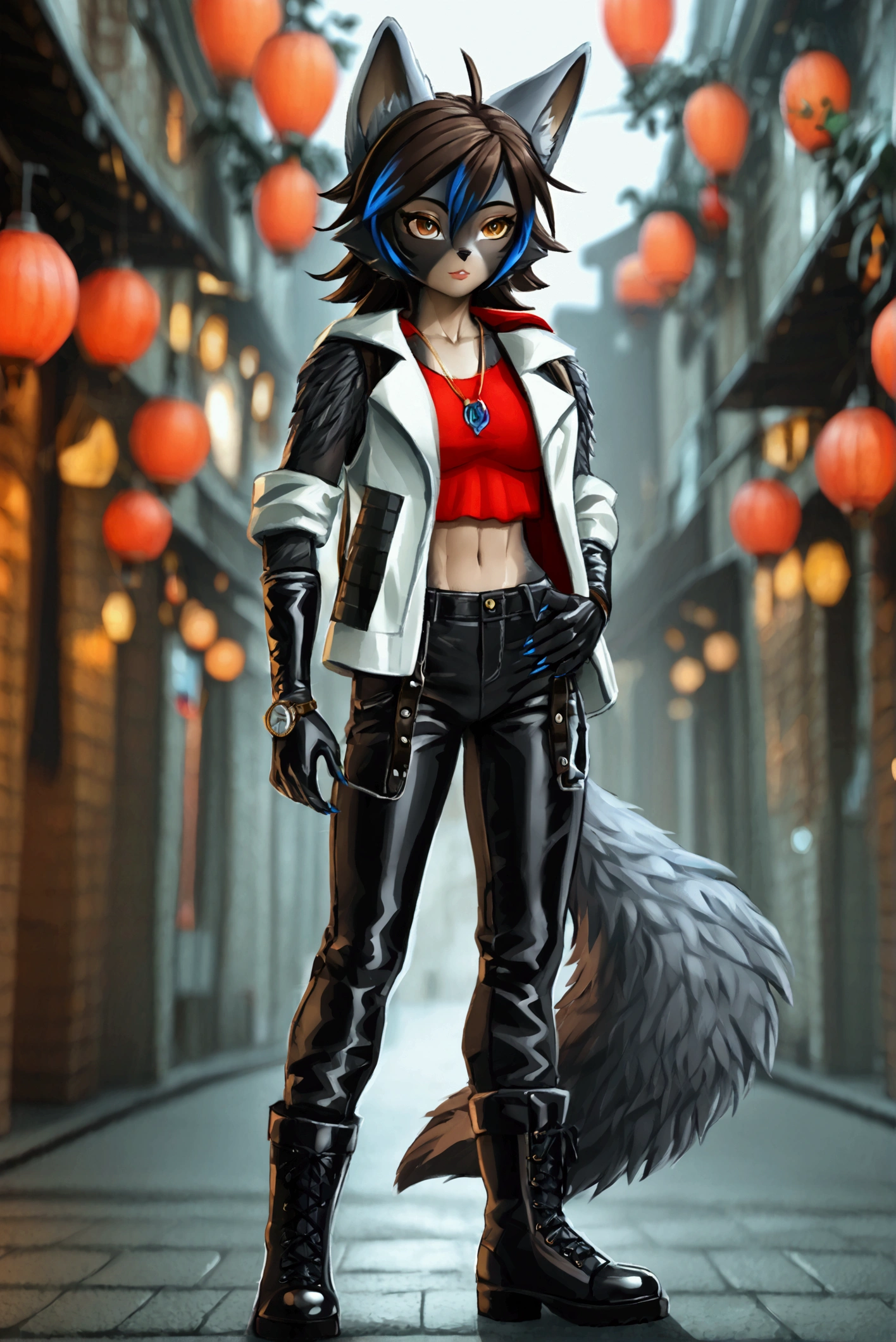 male, red shirt, small gray jacket, jeans, male brown hair, full body, black boots heels, black watch, parada, cabello corto, perfecta resolucion, alta resulucion, buena resolucion, full body. ((guy morphin into anime girl)), before and after, (transformation), male to female, furry, wolf-girl, female black hair with blue highlights, gray fur, paws, snout, human male to furry female, female furry with black crop top and leather arm and leg warmers