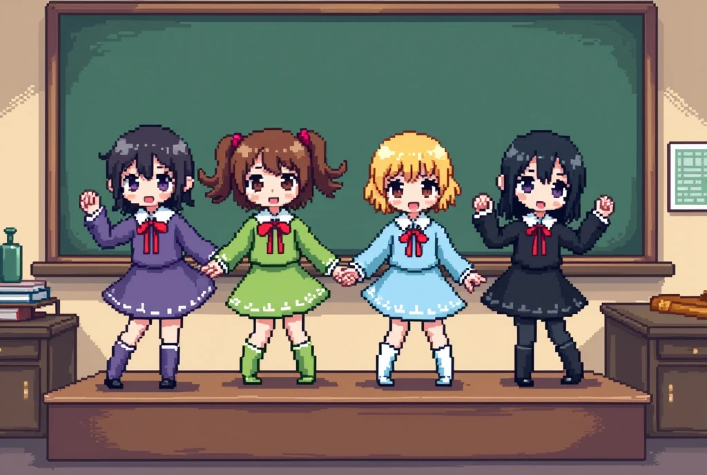 Pixel art, low-bit, 8-bit, mosaic, kawaii chibi characters like those in anime, 4 girls on a podium in a classroom, one in purple, one in green, one in light blue, one in black, dancing side by side, the world of old retro games