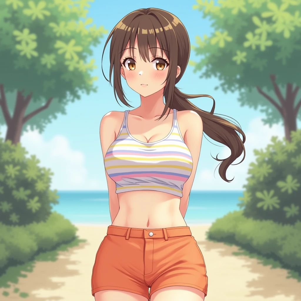 topless, large nipples, nipples, girl in pink pants standing on balcony overlooking beach and palm trees, standing near the beach, full figure, standing beside the ocean, puffy nipples, near the beach, standing at the beach, posing on a beach with the ocean, looking out at the ocean, ocean in the background, vacation photo, small breasts, brown hair, green eyes, shoulder length hair, , petite body, narrow waist, child