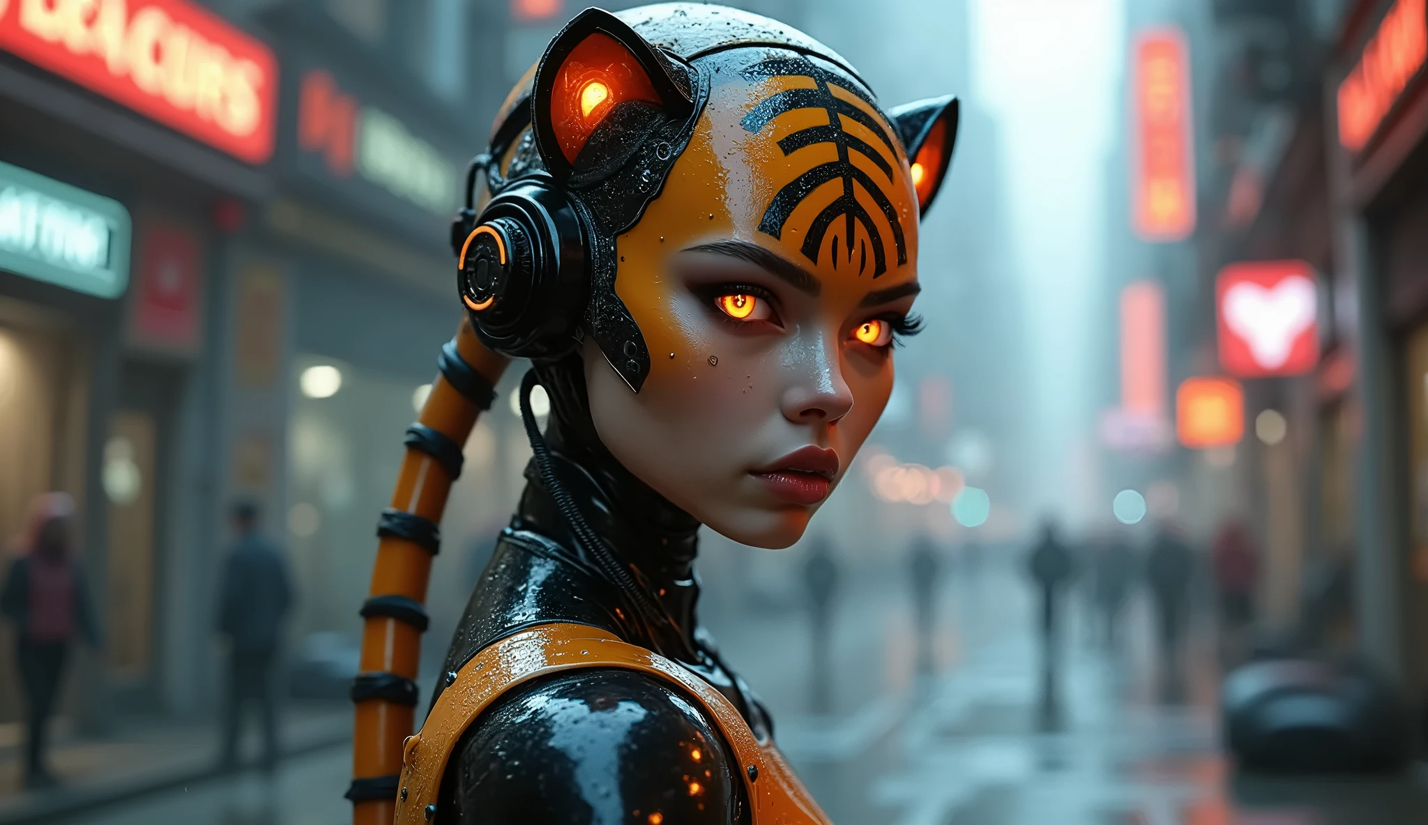 realistic, Highest quality, Highest quality, masterpiece, Ultra-high resolution, Detailed Background, Absurd, Cyber City, Perfect Anatomy, performance, Good lighting, Shadows in the movies(kemono, Furry PersonifiCation), Cat, Honey Rubber Suit, Rubber Body, Full Head Mask, The head is covered in rubber, Rubber Head, Vibrant colors, Bee costume, Honey Latex, Dynamic Lighting, Cyberpunk Eyes, Glowing Eyes, Kneeling