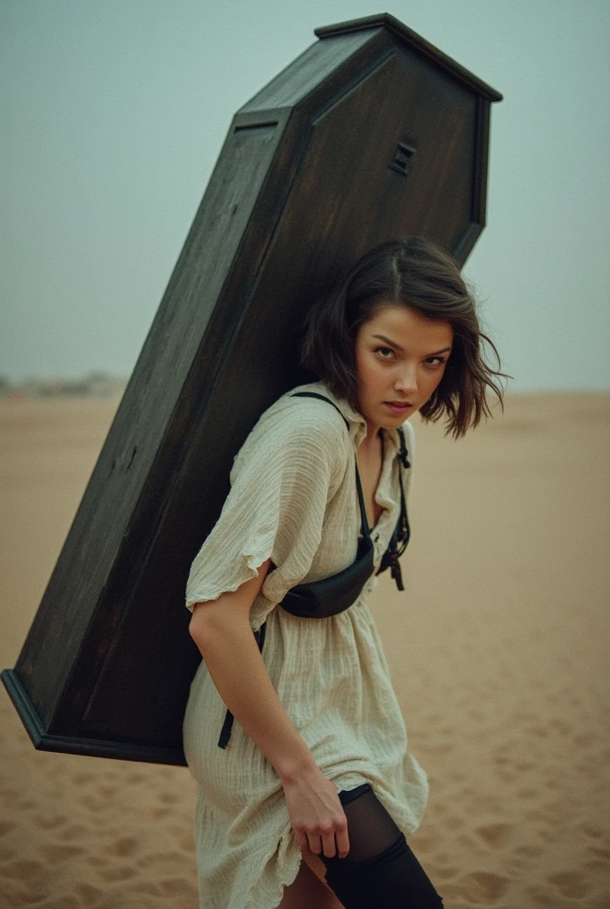 A realistic image of a coffin princess, Extreme Upper Body Closeup Portrait, enveloped in a flowing, tattered white summer dress that clings to her worn and weary form. Her eyes, sunken and burning with determination, peer out from beneath her short bob disheveled hair, strands whipping wildly in the desert wind. A massive, ancient black wooden coffin is strapped to her back like a heavy backpack, towering ominously above her fragile frame. The coffin’s rough-hewn surface bears deep grooves, creaking with every painful step she takes. With a fatigued but resolute expression, she trudges through a violent desert sandstorm, her body leaning into the fierce winds. The air around her is thick with swirling sand, visibility reduced to shadows in the storm. Her once-pristine dress flutters violently in the gusts, its delicate fabric torn and stained by the harsh environment. The intricate patterns on her dress seem to shift in the storm's chaos, and despite her exhaustion, an aura of inner strength glows faintly around her as she carries the weight of the coffin through the desolate wasteland. The scene is bathed in dim, atmospheric light, with washed-out neon hues of pink, green, and blue creating a surreal and moody aesthetic.
