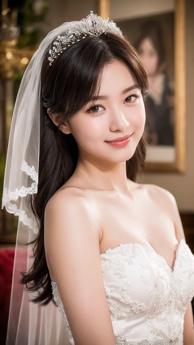 (Masterpiece: 1.4), (Hyper Realistic: 1.4), (Best Quality, 16k, 32k, Masterpiece, UHD: 1.2), Pretty Japan Woman Pictures, 1 Young Girl, Double Eyelids, (Big: 1.2), Sexy Bride, (Pure White Wedding Dress, Wedding Veil)), (Deep Slit: 1.2), (Smile: 1.1), Off Shoulder , ((in the church)), cleavage cutout, (from side)