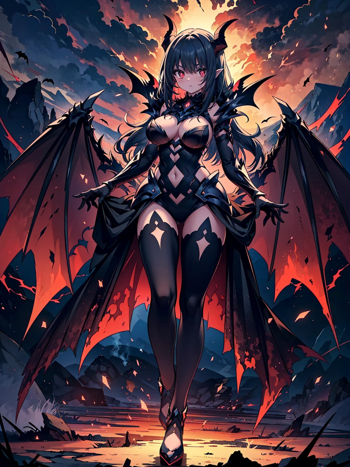 Ultra-detailed Lisa Ann stands atop a pile of burning ruins, Her diabolical and insidious presence radiating from her dark crown and black and red evil queen dress..... Her demon wings on her back and demon horn give her an invincible aura as she unleashes a powerful wave of destruction with a single gesture........