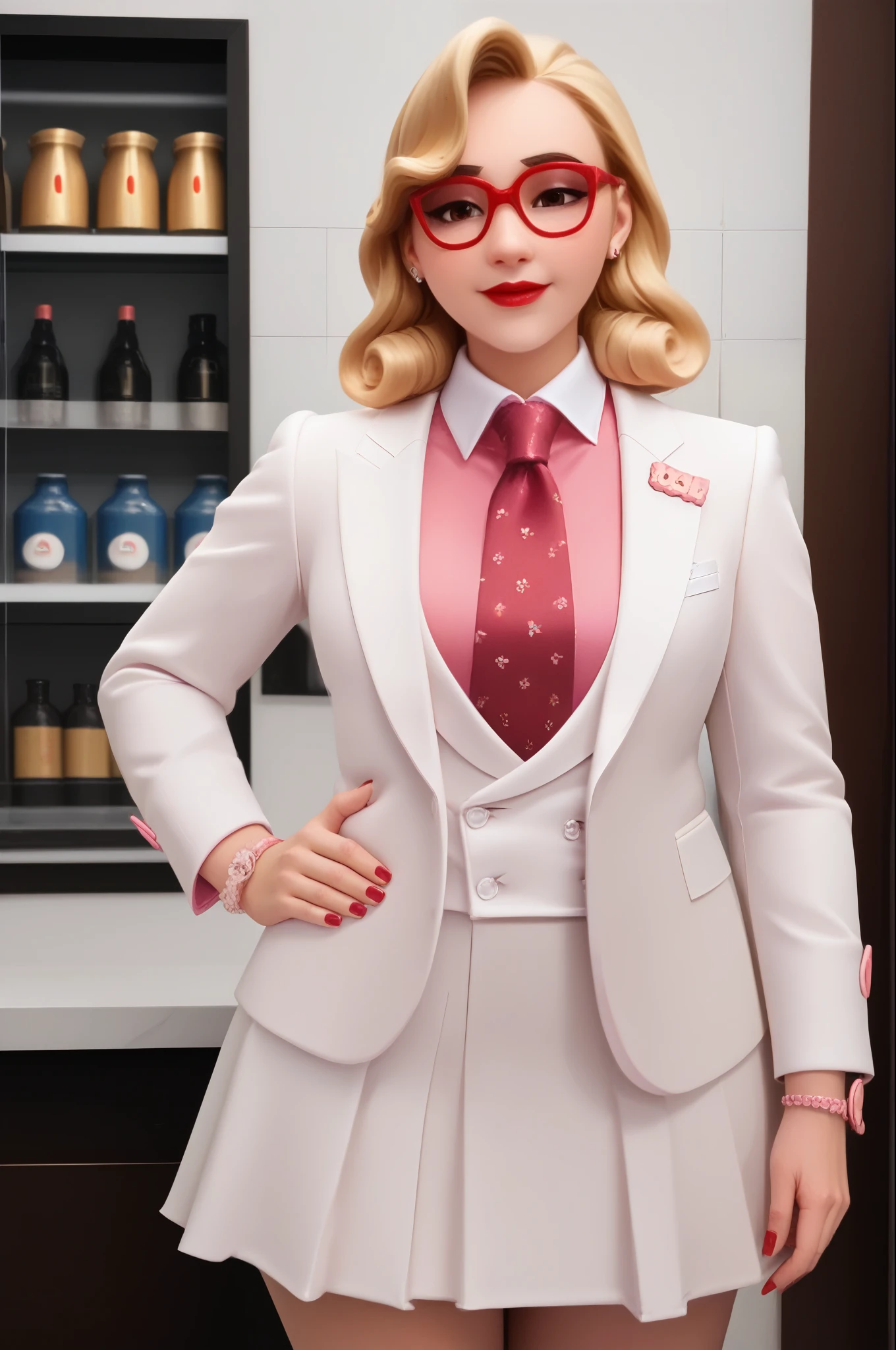 score_9, score_8_up, score_7_up, 1girl, sprinkles mei, mei (overwatch),  three-piece suit, 1girl, solo, blonde hair, glasses, sprinkles mei, smile, pretty, formal, jewelry, (((white skirt suit))), (((red silk necktie))), earrings, (((white jacket))), (((pink shirt with white collar))), standing, hand on hip, window, watch, jacket, wristwatch, white shirt, red lips, (((white pencil skirt))), (((bodycon pencil skirt))), makeup, black stockings, garter straps, cufflinks, red nails, fully clothed, red lipstick,   in a 50´s restaurant, long sleeves, shiny clothing, tight clothing, (((tight skirt)))