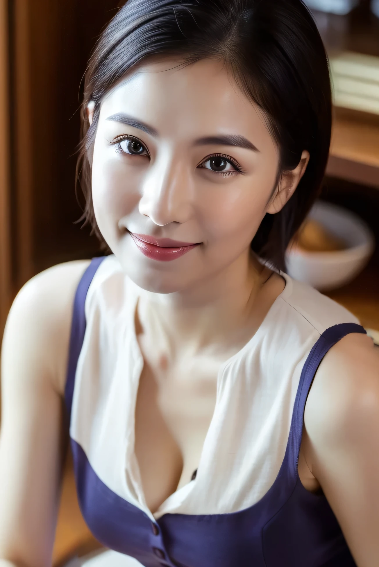 Japanese hot springs, Best image quality:1.40), Realistic photos, (That woman is an actress), (Beautiful woman), Beautiful expression, (Detailed eyes:1.5), (iris:1.4), ((1 person per image:1.4)), Do not hold anything in your hands, (Detailed face:1.7), ((Intensify the red of your lipstick:1.1)), ((smile:1.4)), (Keep your nose small:1.4), (Shiny Hair:1.4), (Black-haired:1.45), (Muscular body:1.0), High resolution, Physical Excellence, (Big Breasts:1.4), (Big Ass:1.5), ((glamorous:1.7)), (short hair:1.2), (Cute Japanese:1.2), (Cute Woman), (Dressed), (Wearing a yukata at an inn:1.2), (At the changing room of the public bath:1.4), ((Take a photo of your upper body from the knees up:1.3)), (Written interface depth/1.2:1.45),(Put on earrings:1.4), (pendant:1.5), sharp, RAW Photos, Highest quality, Accentuate your cleavage, One Woman, 24-years-old, (From before:1.2)),