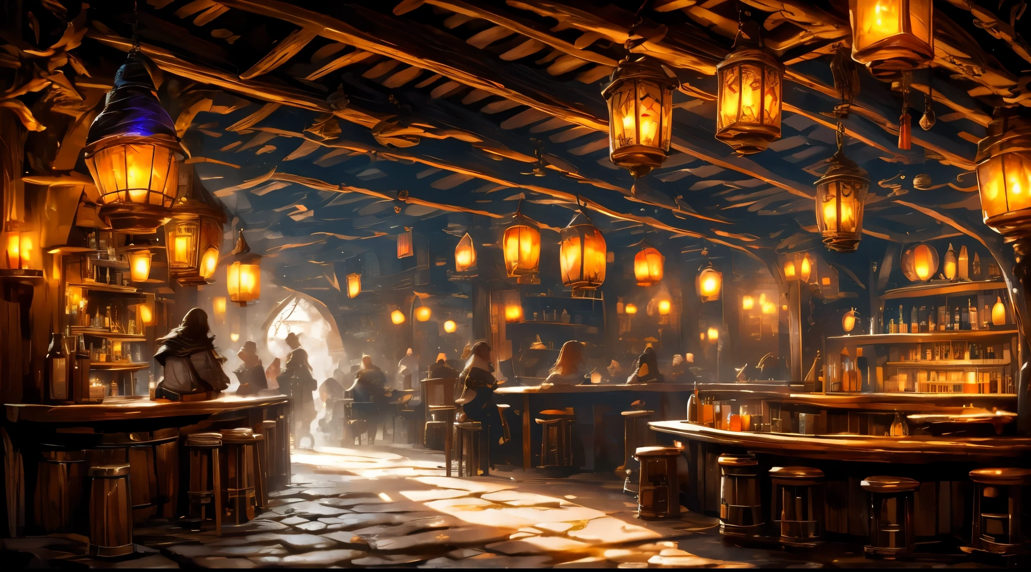 A grand fantasy tavern with wooden beams and stone walls, dimly lit by glowing lanterns hanging from the ceiling. The bar is made of dark, polished oak, lined with mismatched stools. Patrons of various fantasy races—elves, dwarves, and orcs—gather around, sharing drinks from large mugs. Magic runes glow faintly on the walls, and a bard plays a lute in the corner. Shelves behind the bar are stocked with bottles of glowing potions and exotic drinks. The bartender, a broad-shouldered dwarf with a thick beard, serves drinks while sparks of magic float lazily in the air.