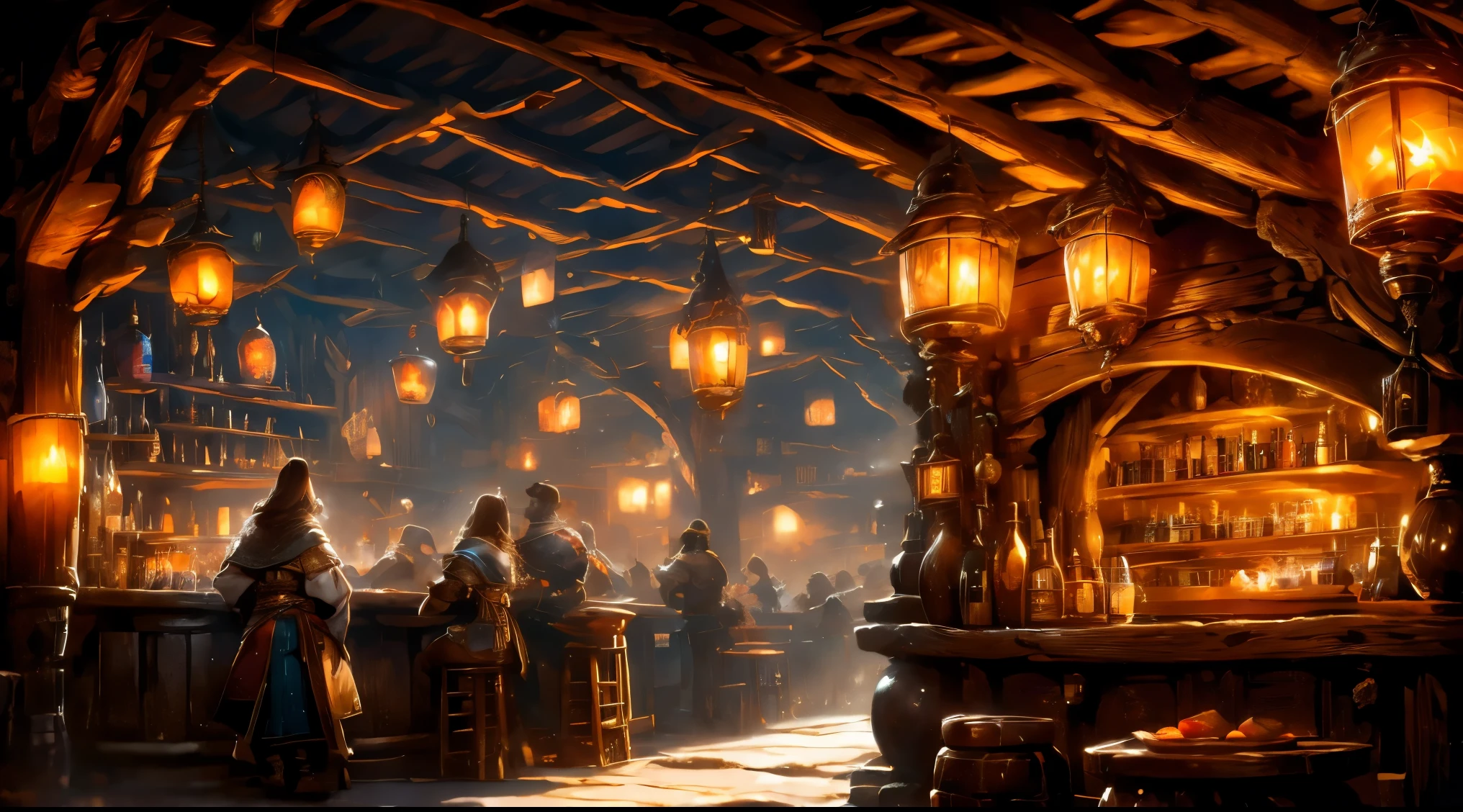 A grand fantasy tavern with wooden beams and stone walls, dimly lit by glowing lanterns hanging from the ceiling. The bar is made of dark, polished oak, lined with mismatched stools. Patrons of various fantasy races—elves, dwarves, and orcs—gather around, sharing drinks from large mugs. Magic runes glow faintly on the walls, and a bard plays a lute in the corner. Shelves behind the bar are stocked with bottles of glowing potions and exotic drinks. The bartender, a broad-shouldered dwarf with a thick beard, serves drinks while sparks of magic float lazily in the air.