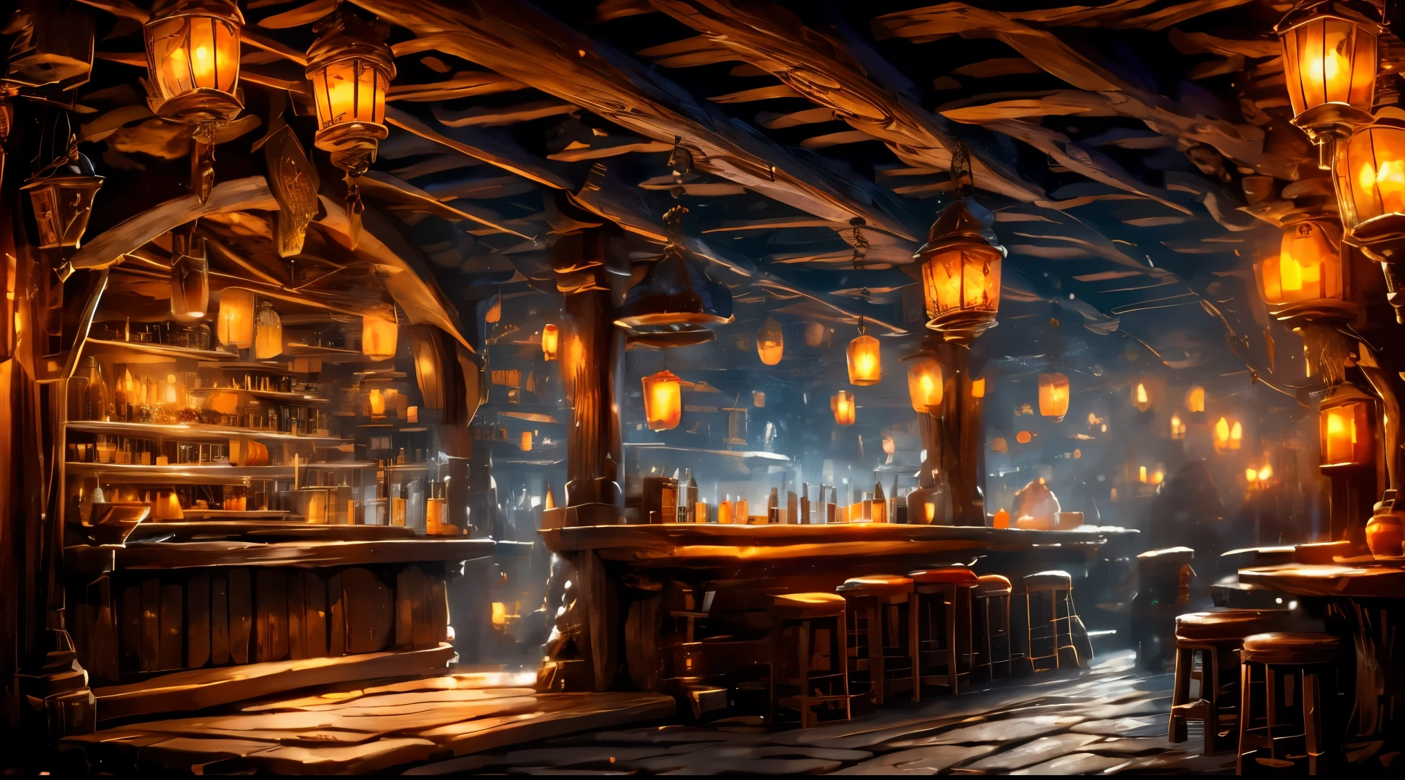 A grand fantasy tavern with wooden beams and stone walls, dimly lit by glowing lanterns hanging from the ceiling. The bar is made of dark, polished oak, lined with mismatched stools. Patrons of various fantasy races—elves, dwarves, and orcs—gather around, sharing drinks from large mugs. Magic runes glow faintly on the walls, and a bard plays a lute in the corner. Shelves behind the bar are stocked with bottles of glowing potions and exotic drinks. The bartender, a broad-shouldered dwarf with a thick beard, serves drinks while sparks of magic float lazily in the air.