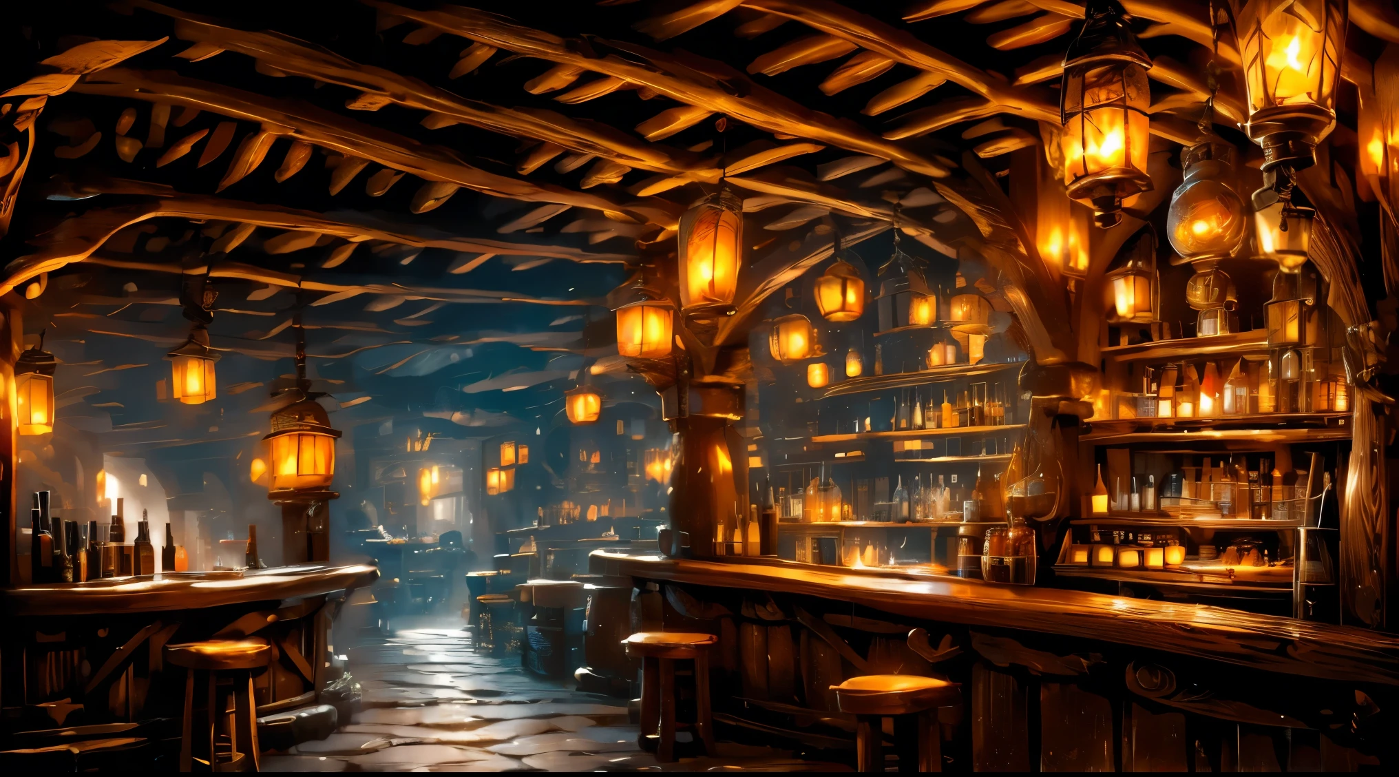 A grand fantasy tavern with wooden beams and stone walls, dimly lit by glowing lanterns hanging from the ceiling. The bar is made of dark, polished oak, lined with mismatched stools. Patrons of various fantasy races—elves, dwarves, and orcs—gather around, sharing drinks from large mugs. Magic runes glow faintly on the walls, and a bard plays a lute in the corner. Shelves behind the bar are stocked with bottles of glowing potions and exotic drinks. The bartender, a broad-shouldered dwarf with a thick beard, serves drinks while sparks of magic float lazily in the air.