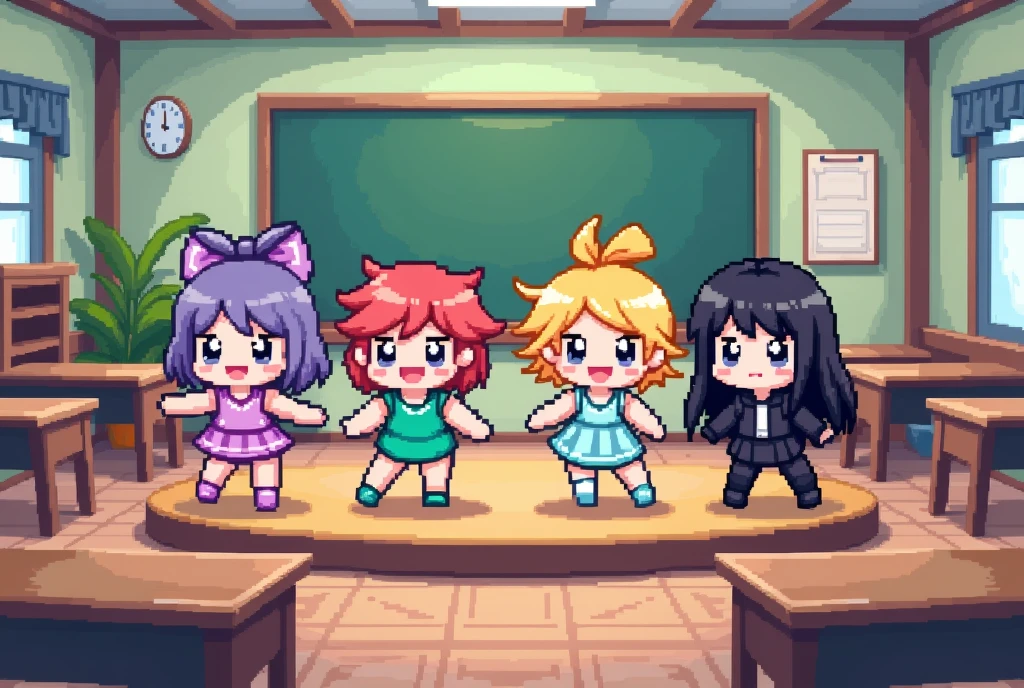 Pixel art, low-bit, 8-bit, mosaic, kawaii chibi characters like those in anime, 4 girls on a podium in a classroom, one in purple, one in green, one in light blue, one in black, dancing side by side, the world of old retro games