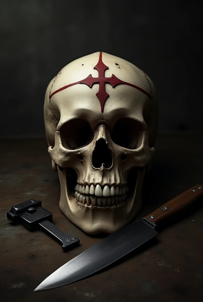 Skull with white hair wearing a black shirt with a Maltese cross on the chest holding a beer in one hand and a blood-stained baseball bat in the other