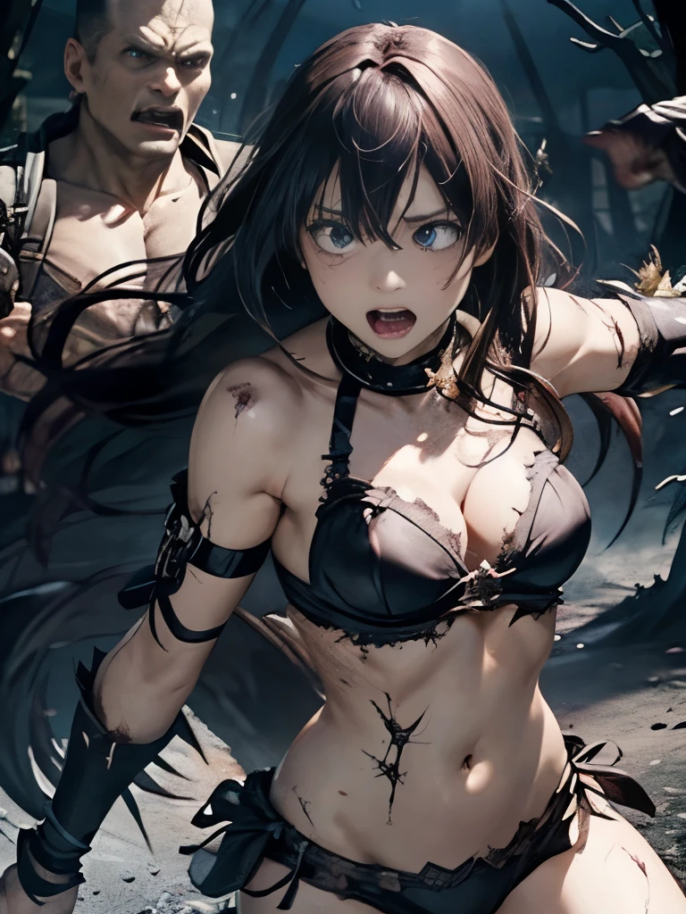 Best Quality、torture、 slave、Constraints、BDSM、Captured by a monster、Surrounded by monsters、defeat、Beautiful woman with very long purple hair、Full of wounds、White Armor（Small breasts、Cleavage、Off the shoulder、Sleeveless、No elbow pads、belly button、High Leg、Exposed thighs）、White Armorのブーツ、 Tears Overflow 、Frightened expression、run away、Attacked by monsters 1:5、Many violent monsters 1:5、Monster grabs arm.　Monster attacks from behind、Monster grabs the leg、Monster Swarm 1:5、midnight、darkness、Different world、 dark fantasy、Pitch Black Hell