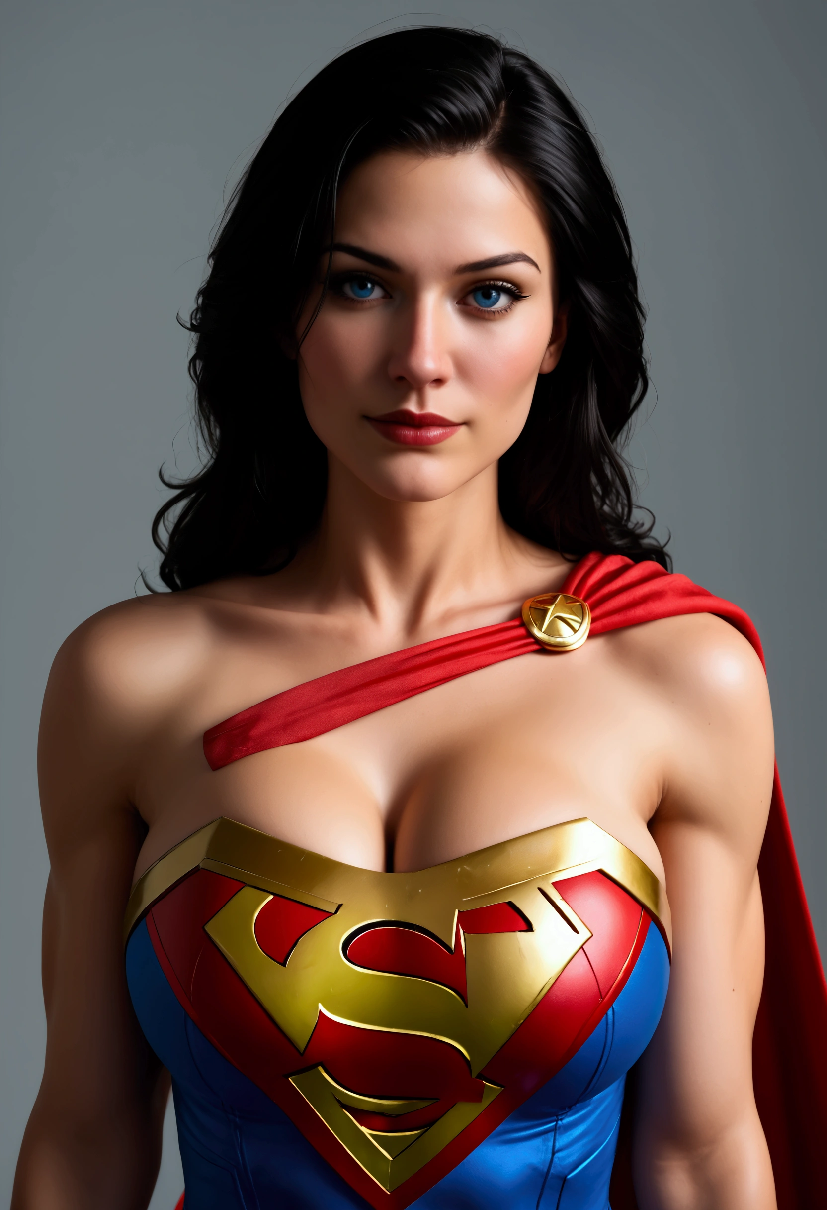 a close up of a woman dressed as Superman posing for a photo, a portrait inspired by Norma Bull , tumblr, superplano, , posing as a superhero , dressed as Wonder Woman , superhero, supergirl, big breasts!! now, big breasts!, puerto rican superhero, super wide angel, the super hot and sexy, anatomically correct, super detail, high details, highres, 4K, Erotic porn art