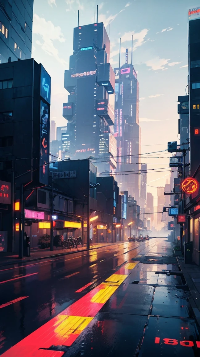 ((Cyberpunk future)), image of the center of a cyberpunk city, surrounded by buildings with a river in the middle, ferry in the city, yellow ferry, point crossing the city, advertising signs everywhere, retro future