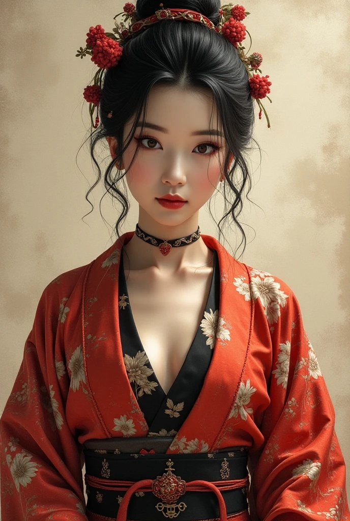 Sexy woman with big eyes long lashes wearing kimono with long hair tied upstyled in kimono in Japan garden