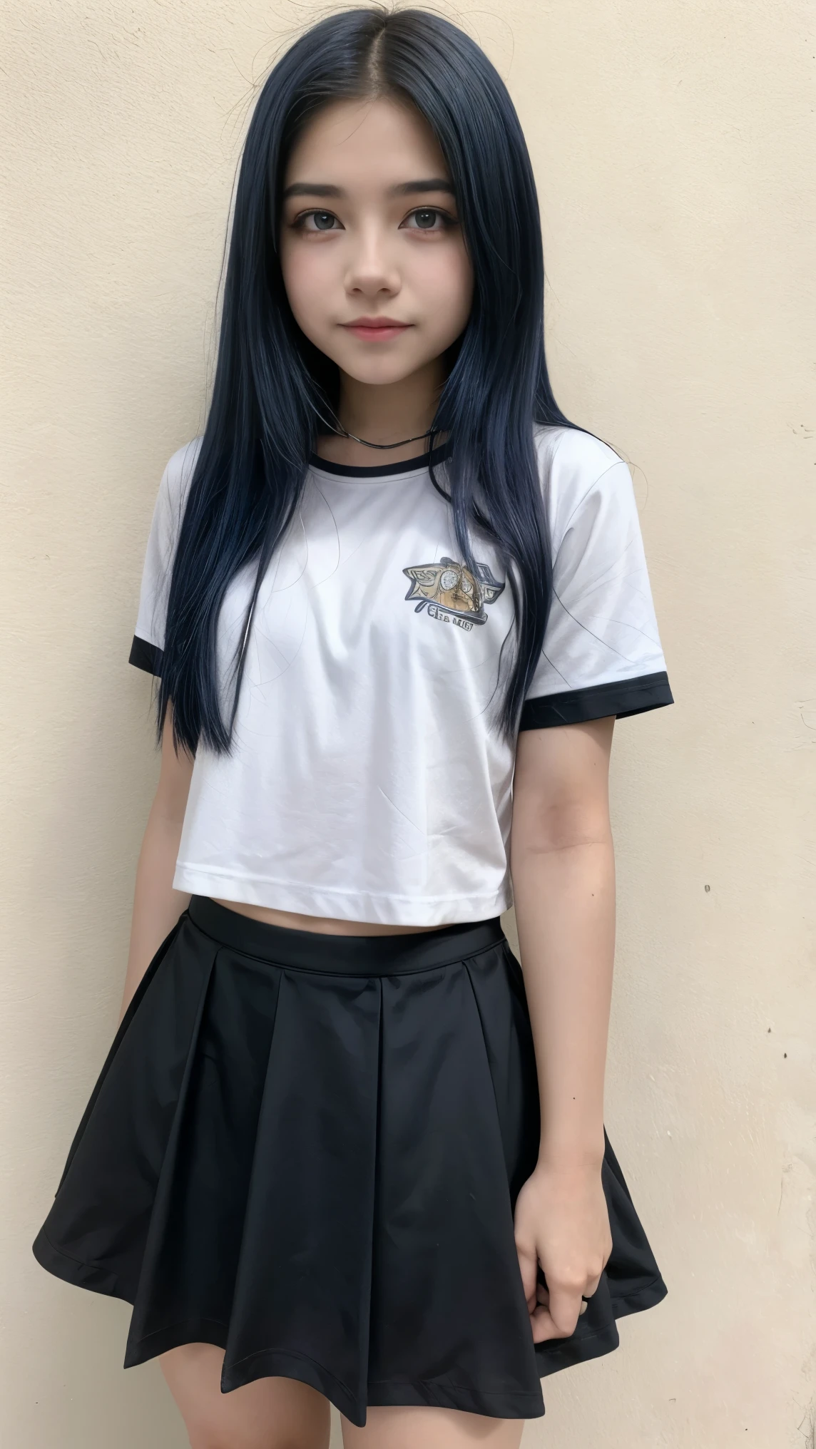 Very young 14 year old girl with curly black hair, hyper white skin, he would be, very thin, white short sleeve shirt, with black vest with gold buttons, long denim pants ripped and torn at the knees, black tennis shoes with white sole, short socks, cara circular, very short