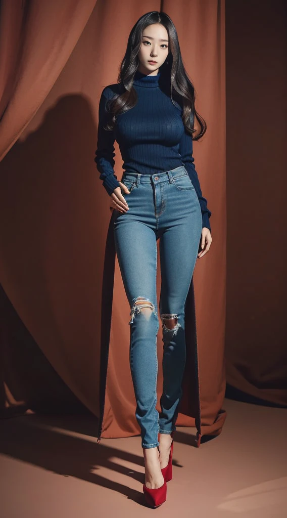 8k HD good quality image. Hot Korean woman has an ideal body, big breast, big butt, sexy wavy body, straight long hair, wearing red tight polo, tight skinny blue jeans, and red high heels. FULL BODY FROM HEAD TO TOE. FULL HEIGHT FROM HEAD TO TOE. 

The picture must show a complete head to toe picture of the hot Korean